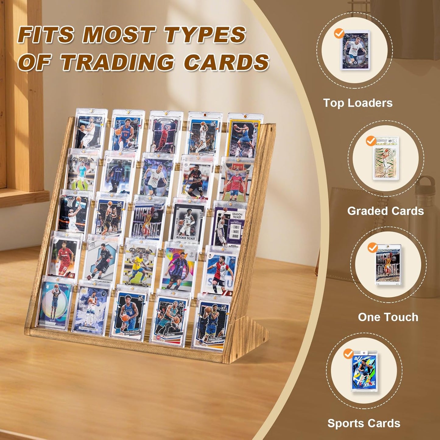 Emfogo Trading Card Display Stand, 5 Tier Sports Graded Card Display, Wooden Trading Card Display Stand for Soprts Card Collection & Show, Brown