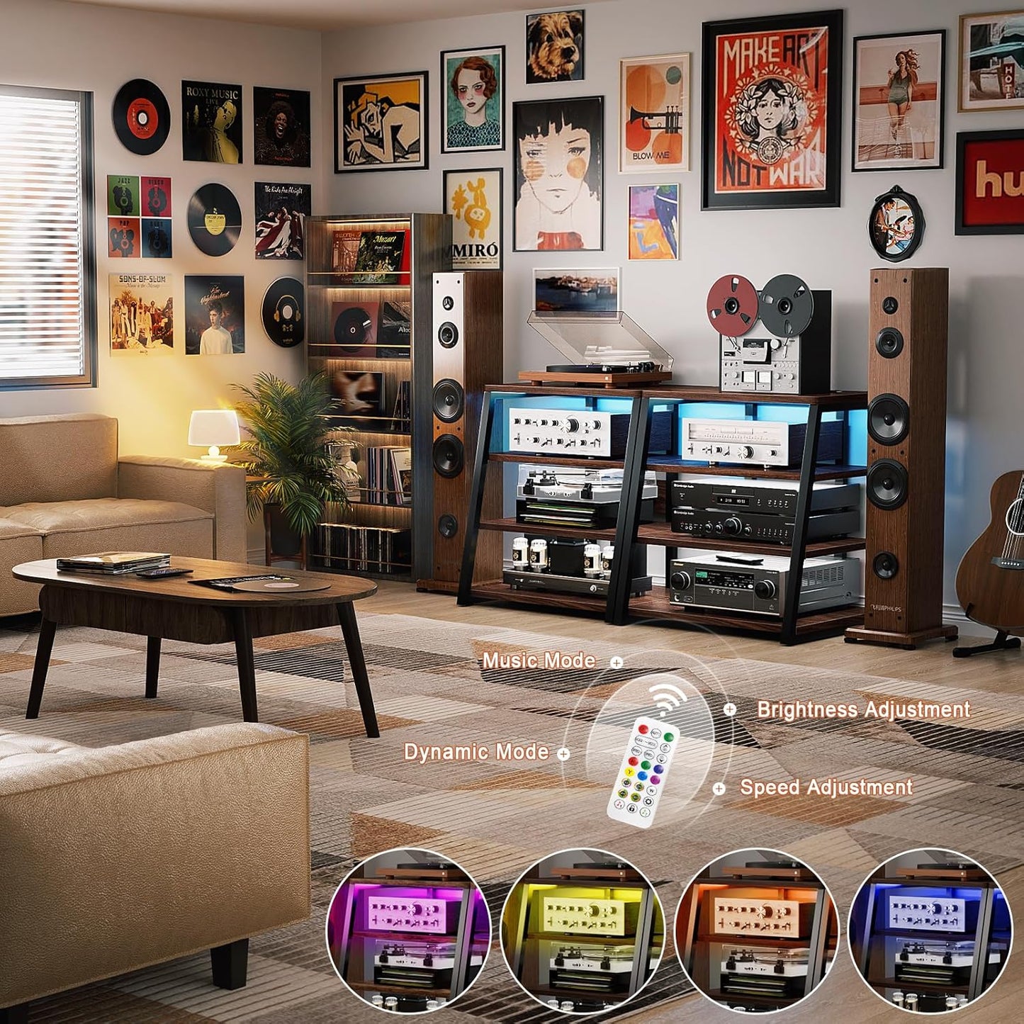 Armocity 4-Tier AV Media Stand with Power Strips, Corner TV Stand with LED Lights, Rack Audio Tower with Adjustable Shelves, Corner Entertainment Center, 30'', Black Walnut