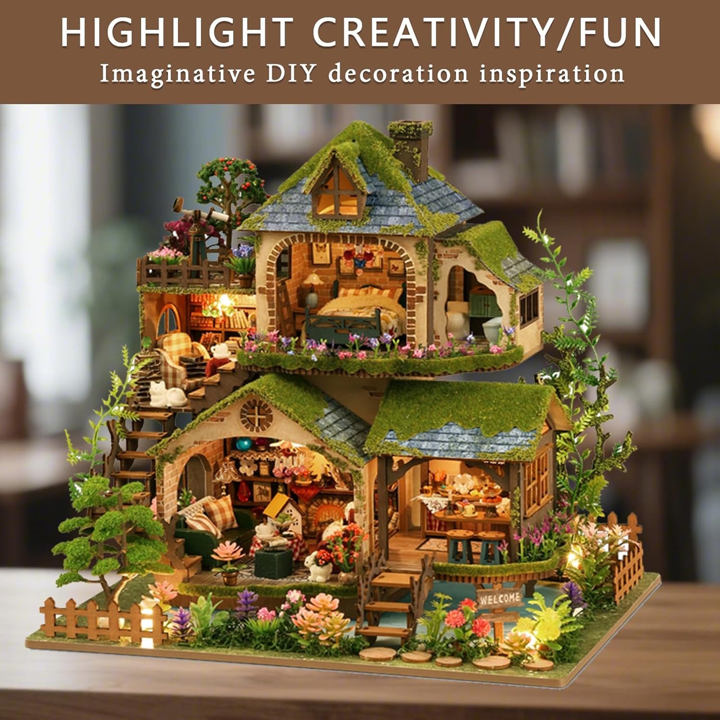 DIY Miniature House Kit, Mini House Building Kit with LED, DIY Miniature Kit for Adults Teen, Dollhouse Kit, Forest Adventure