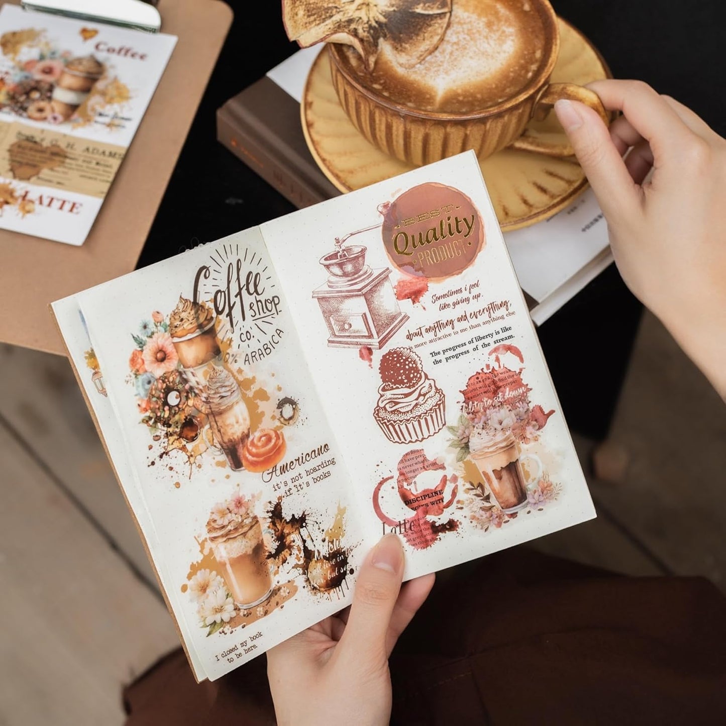 Memories of Coffee PET Tape Set, 6 Rolls Vintage Coffee Stain Stickers with Clip for Scrapbooking, Journaling, DIY and Crafts Supplies