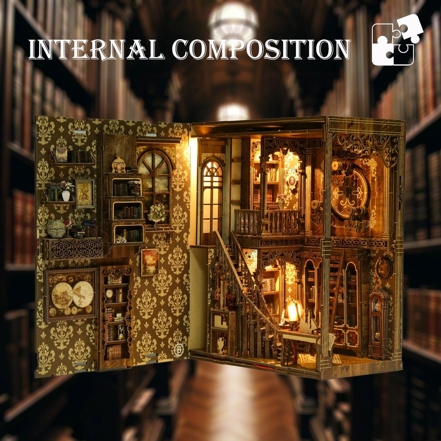 Book Nook Kits for Adult, DIY Miniature House Kit 3D Wooden Puzzles Miniature House Booknooks Dollhouse Bookend Bookshelf Insert Decor with LED Light Gift - Ancient Book Collection Room