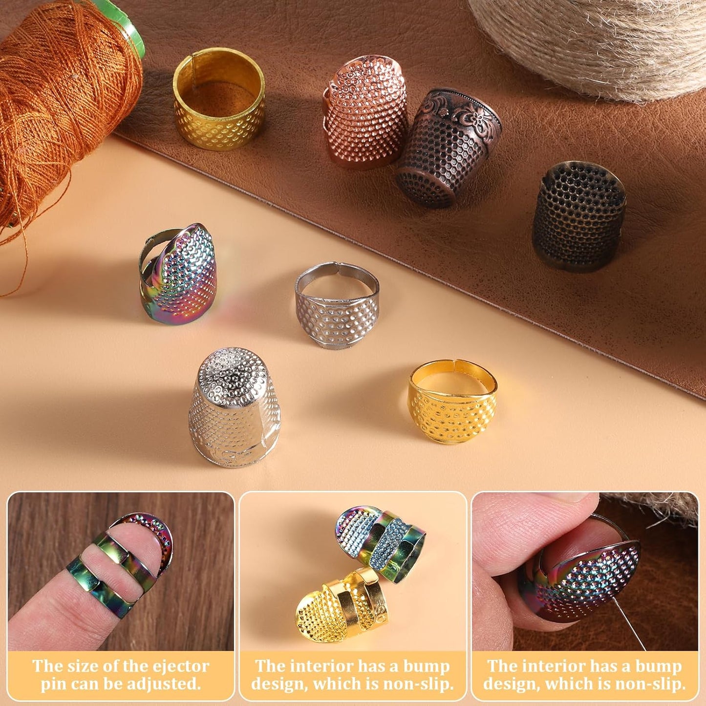 10PCS Hand-Working Sewing Thimble Adjustable Metal Sewing Thimble Rings Fingertip Thimbles Metal Dazzle Color Leather Finger Protectors Thimbles Ring for Knitting Quilting Embroidery DIY Craft Tools