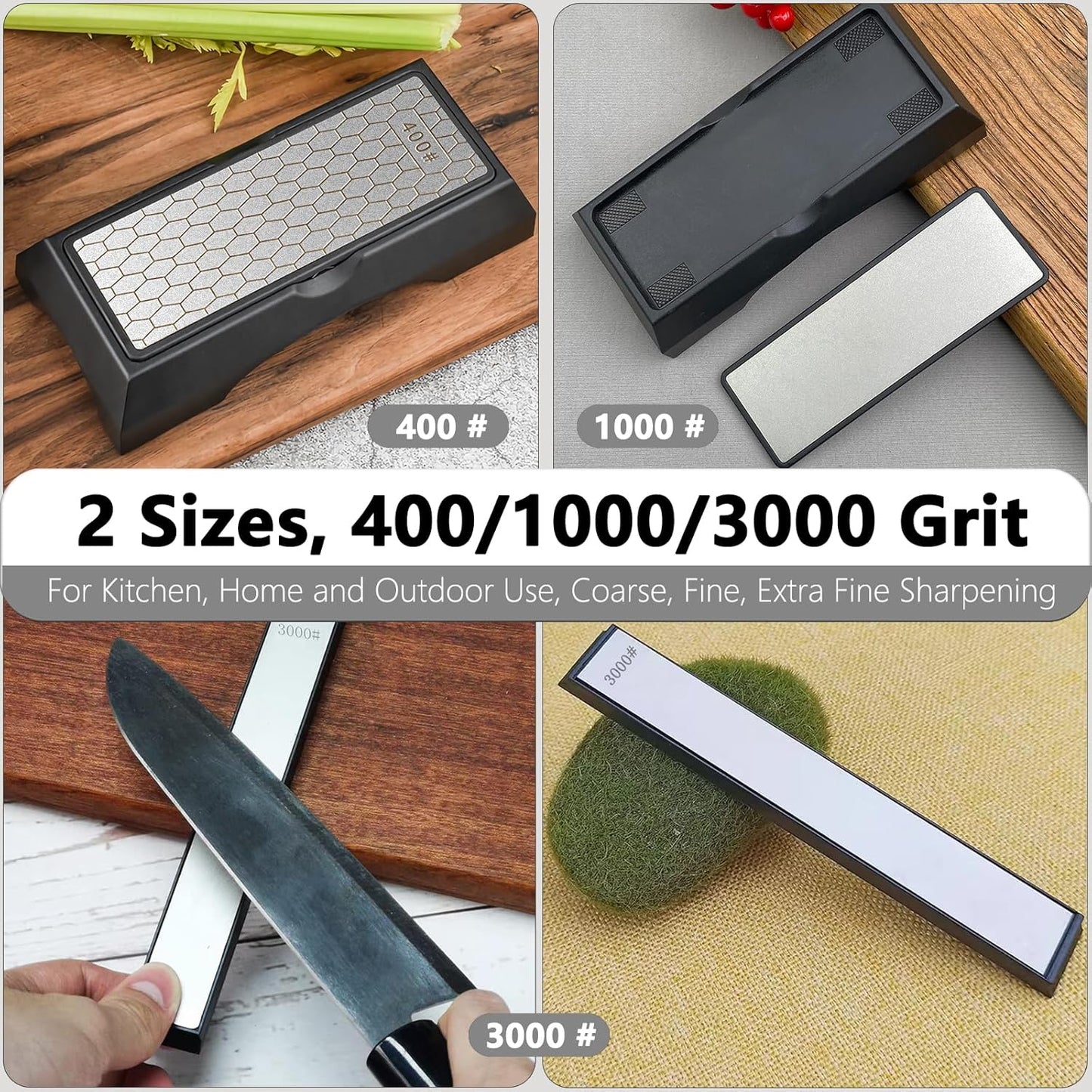 Diamond Sharpening Stone Set, Knife Sharpener Stone, Double-sided Coarse 400 / Fine 1000# | Extra Fine 3000 Grit, 2 Sizes Whetstone Tool with Non-Slip Base, Diamond Plate Honing Stone, Hone Sharpener