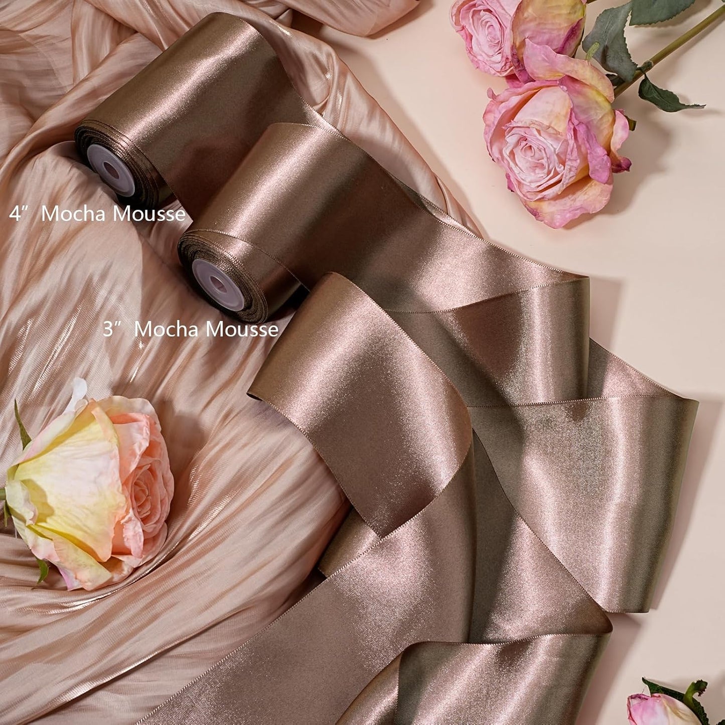 LaRibbons Brown Satin Ribbon 3 Inch 10 Yards Double Faced Luxury Mocha Silk Ribbon for Gift Wrapping Flower Bouquets Bow Christmas Wedding Party Decoration