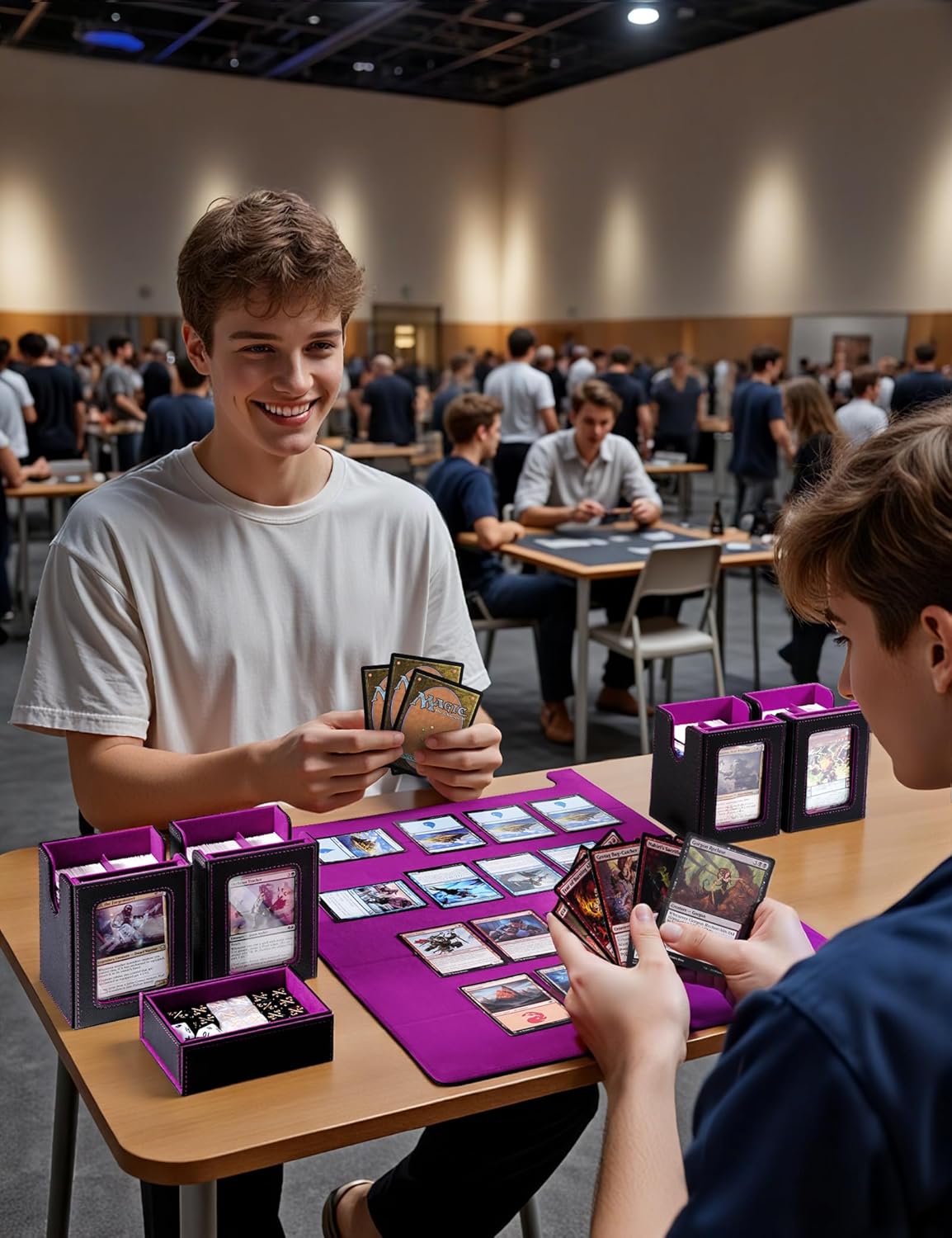 Card Deck Box for MTG with Commander Display, 5 in 1 Card Deck Case Holds 800+ Unsleeved Cards, Strong Magnet Organizer Compatible with Yugioh TCG Sports Cards (Black&Purple)