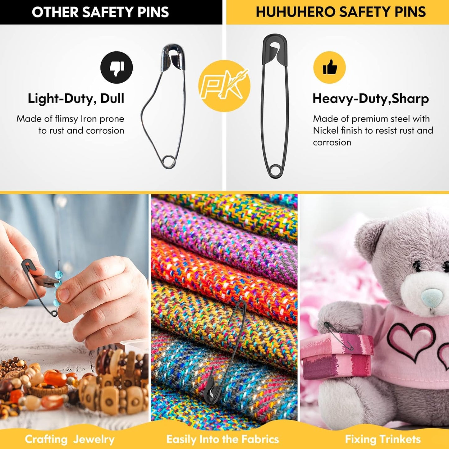 Huhuhero 160-Pack Safety Pins Assorted, Small and Large Safety Pins for Clothes Costume, 5 Different Sizes Nickel Plated Steel Pin Bulk, Sewing Arts Crafts Supplies, Black