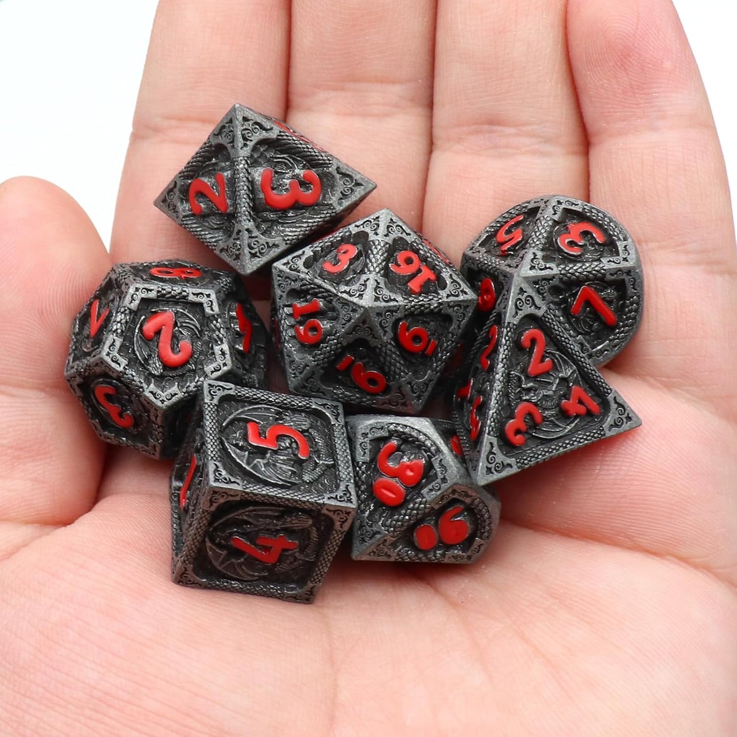 Haxtec Metal DND Dice Set Black Red Dragon D&D Dice Set with Leather Dice Bag Metal Polyhedral Dice Compatible with Dungeons and Dragons Gifts TTRPG Dice