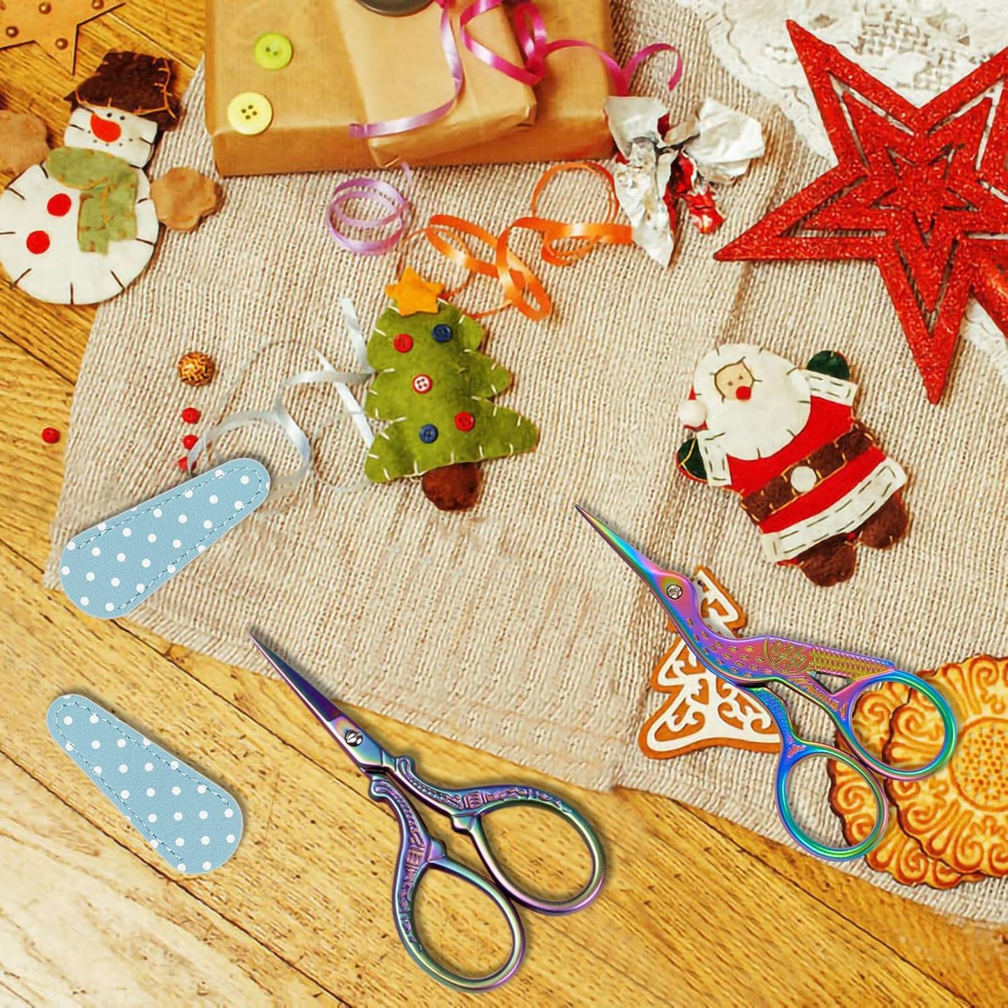 BIHRTC Rainbow Embroidery Small Precision Stainless Steel Scissors with Leather Cover DIY Tools Shears for Crochet Sewing Crafting Art Work Threading Needlework Knitting