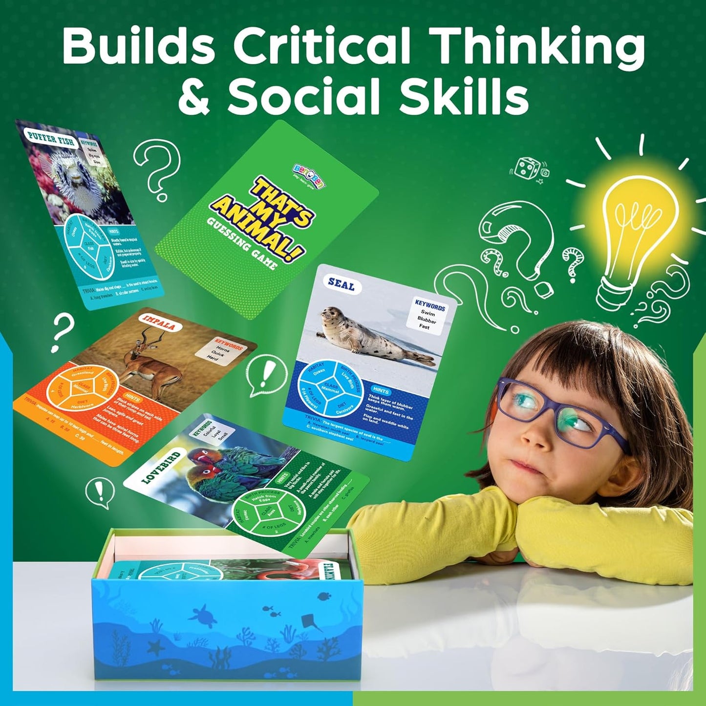 BenBen Guess Animal Card Games for Kids Family, 100 Cards, Educational Board Games for Travel, Classroom, Camping, Party, Car, Airplane, Road Trip Activities for Boys, Girls Ages 5+