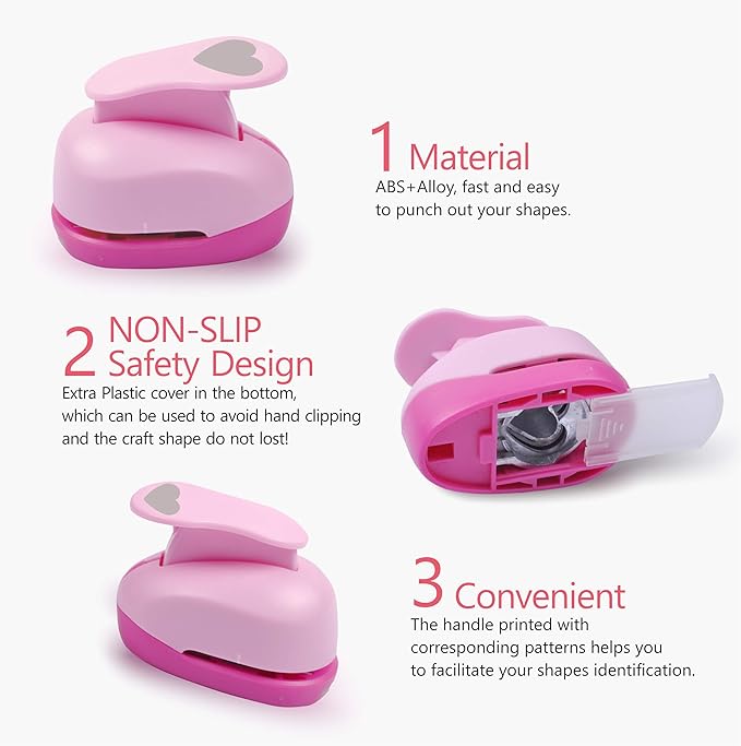 BearBoss 5 Pack Heart Punch, Craft Hole Punch Shapes, Pink Paper Puncher, Different Size of Scrapbooking Punches for Greeting Card Making, Handcraft, DIY Albums Photos, 0.3'' 0.6'' 1'' 1.5'' 2'' inch