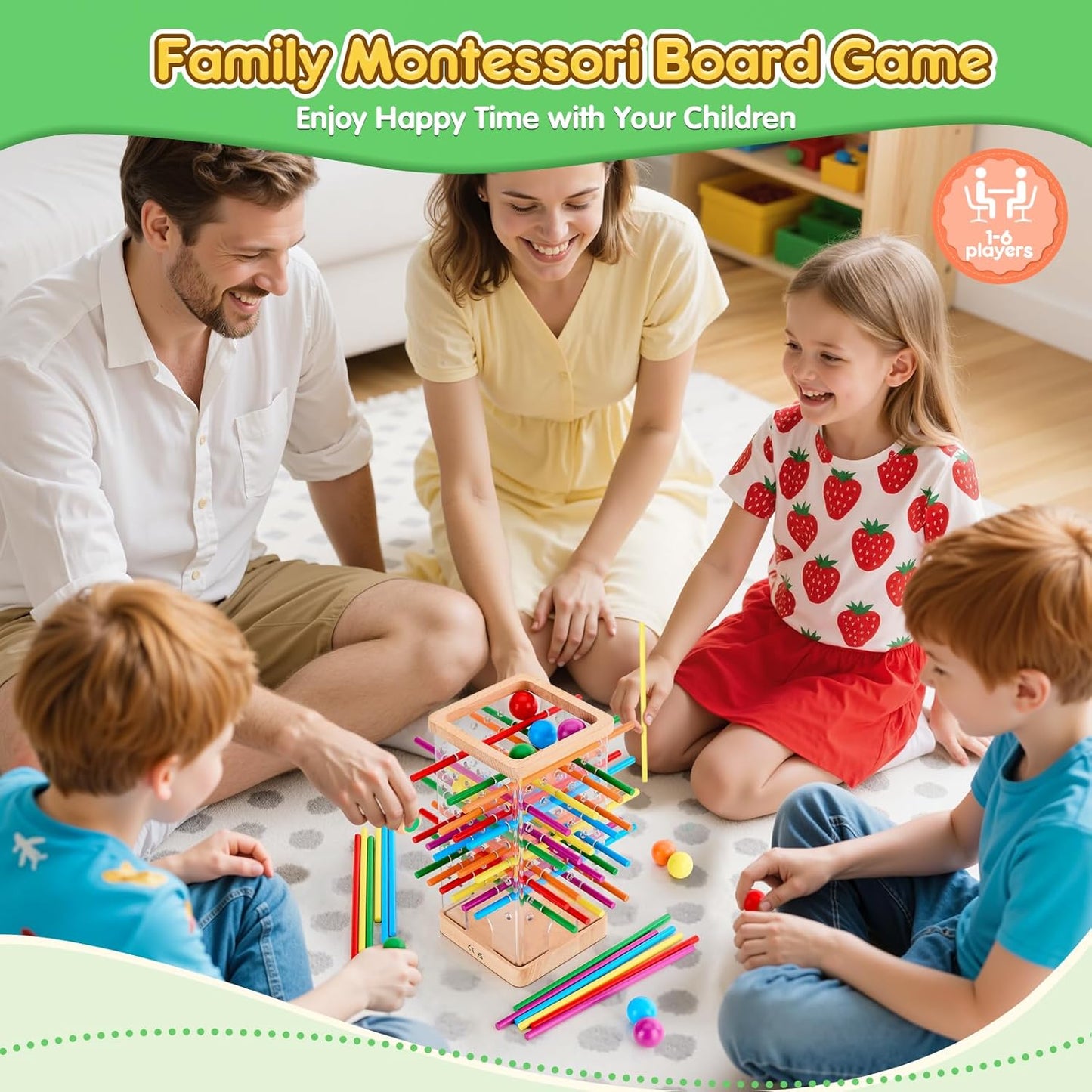 Montessori Wooden Board Games, 48 Colorful Sticks Dice Game with 12 Balls, Family Game for Kids and Adults, Math Educational Toys for 3 4 5 6 Years Old, Fine Motor Skills Toy Gifts for Boys and Girls
