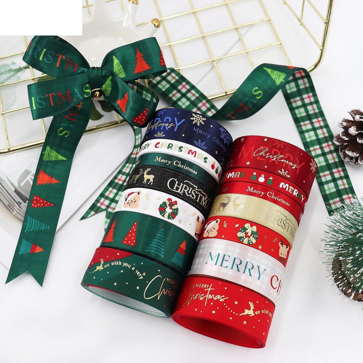 Christmas Gift Wrapping Ribbon, Red, Green, 2 Rolls Printed Grosgrain Ribbons for Crafts, Floral Bouquets, Sewing, Party and Festive Holiday Decor (2 Rolls(White/Red) A, 1 Rolls=3/8in * 10Yards)