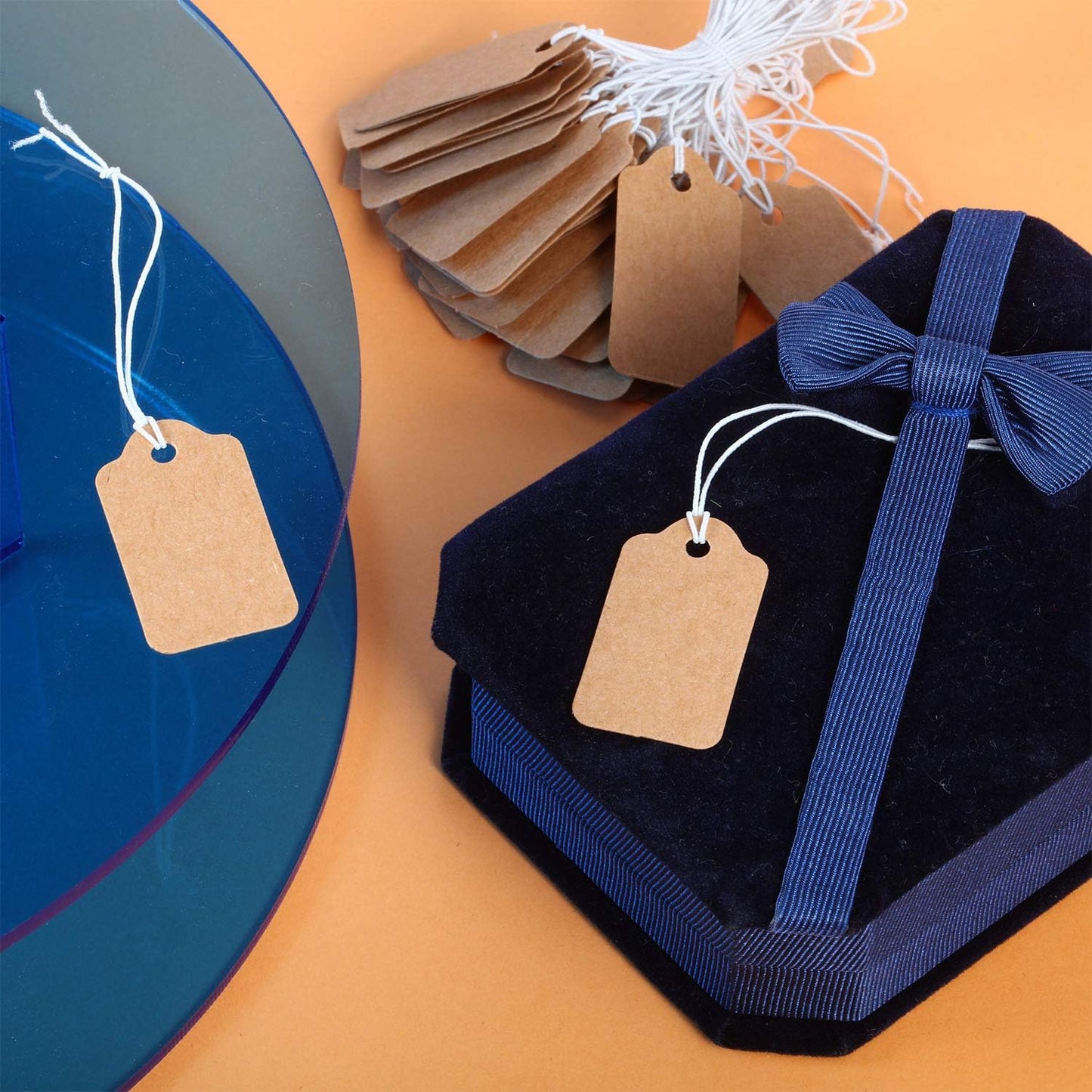 300 Pieces Kraft Price Tags with Elastic Hanging String Writable Blank Price Labels Small Marking Display Tags(1.38 x 0.71 Inch)