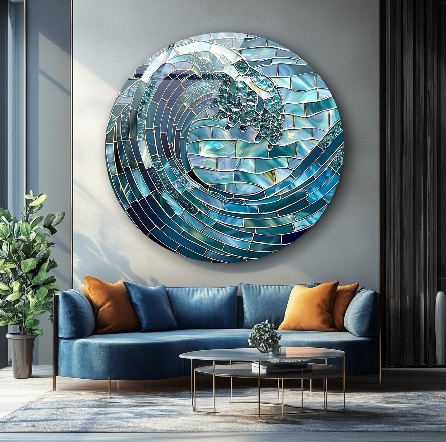 My Photostation.com 20''(50cm) Diameter Ocean Wave in Blue Mosaic Round Glass Wall Art Tempered Glass Printing Wall Decor Large Wall Art Wall Hangings