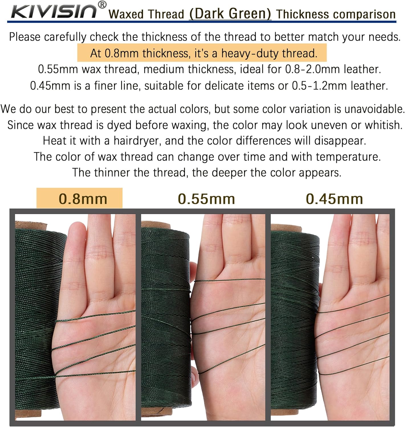 Heavy Duty Round Waxed Thread 0.8mm, 218 Yards, Dark Green, Bonded Thick Polyester Wax Coated Cord for Leather Sewing, Upholstery, Whipping Twine, Basket Weaving and Macrame Making