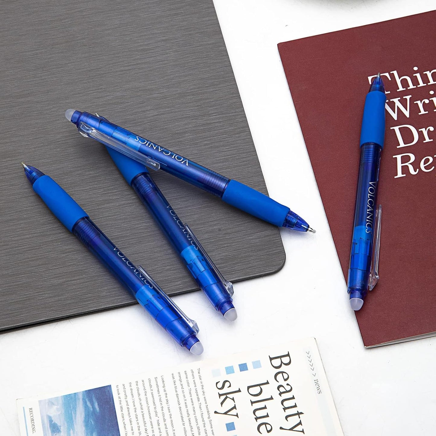 Volcanics Retractable Clicker Erasable Gel Pens - 0.7mm Ball Point, Heat Erase with Built-in Eraser, 12 Pack Blue