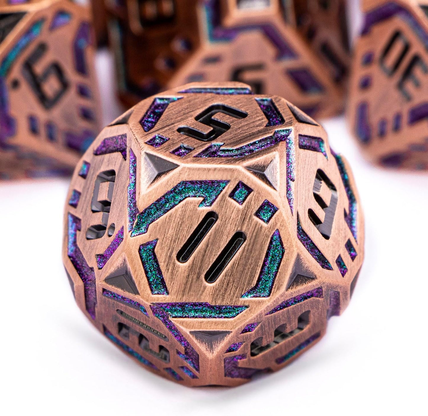 Metal DND Sci-fi Dice Set 7PCS Stripe Polyhedral Dice for Dungeons Dragons RPG Role Playing Game, Glitter D and D Dice with Gift Box D6 D8 D10 D12 D20 (Ancient Bronze&Green Purple)