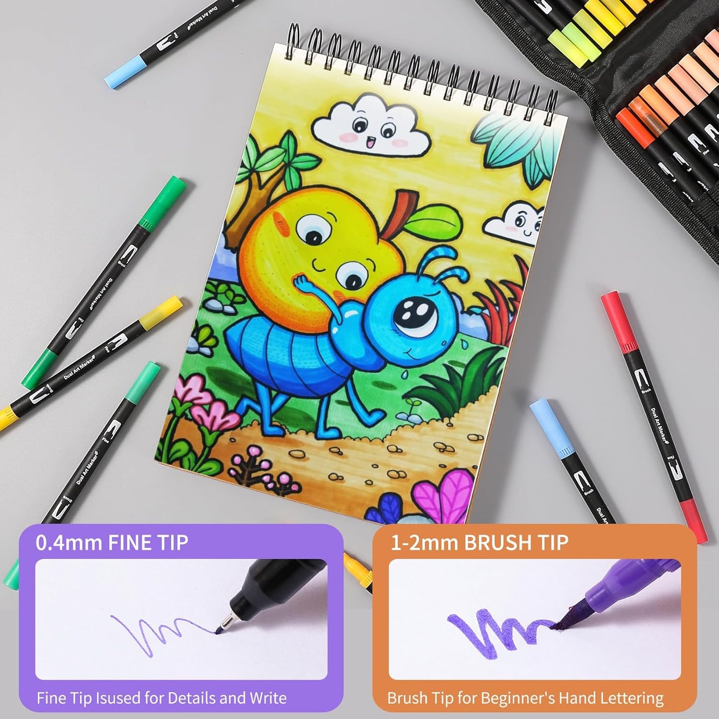 Dual Tip Markers, Double Brush Art Markers Set with Fine Tip and Brush Tip for Adult Coloring Book, Hand Lettering, Calligraphy & Drawing, Art Supplies Kit for Kids and Adults (100 Colors)