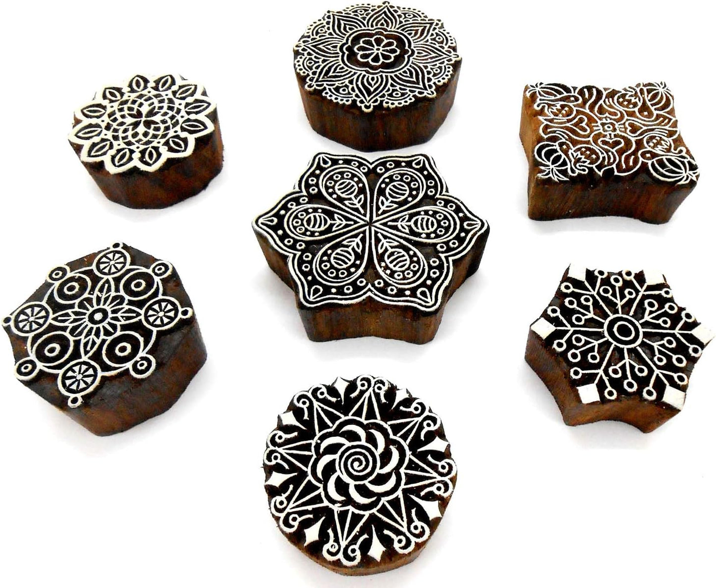 Crafts of India Rangoli Design Wooden Blocks for Stamping, Block Printing on Textiles, Pottery Crafts,Henna, Scrapbooking, Wall Painting: Set of 7pcs