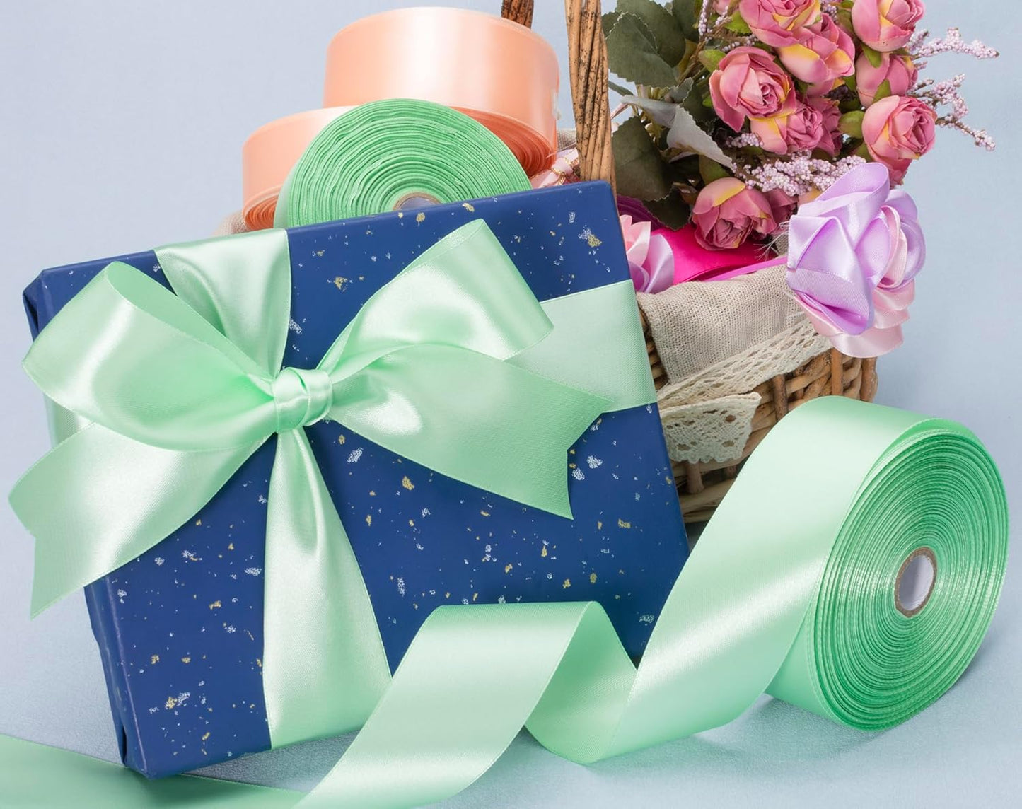1 1/2 Inch Mint Green Solid Satin Ribbon, 50 Yards Craft Fabric Ribbon for Gift Wrapping Floral Bouquets Wedding Party Decoration