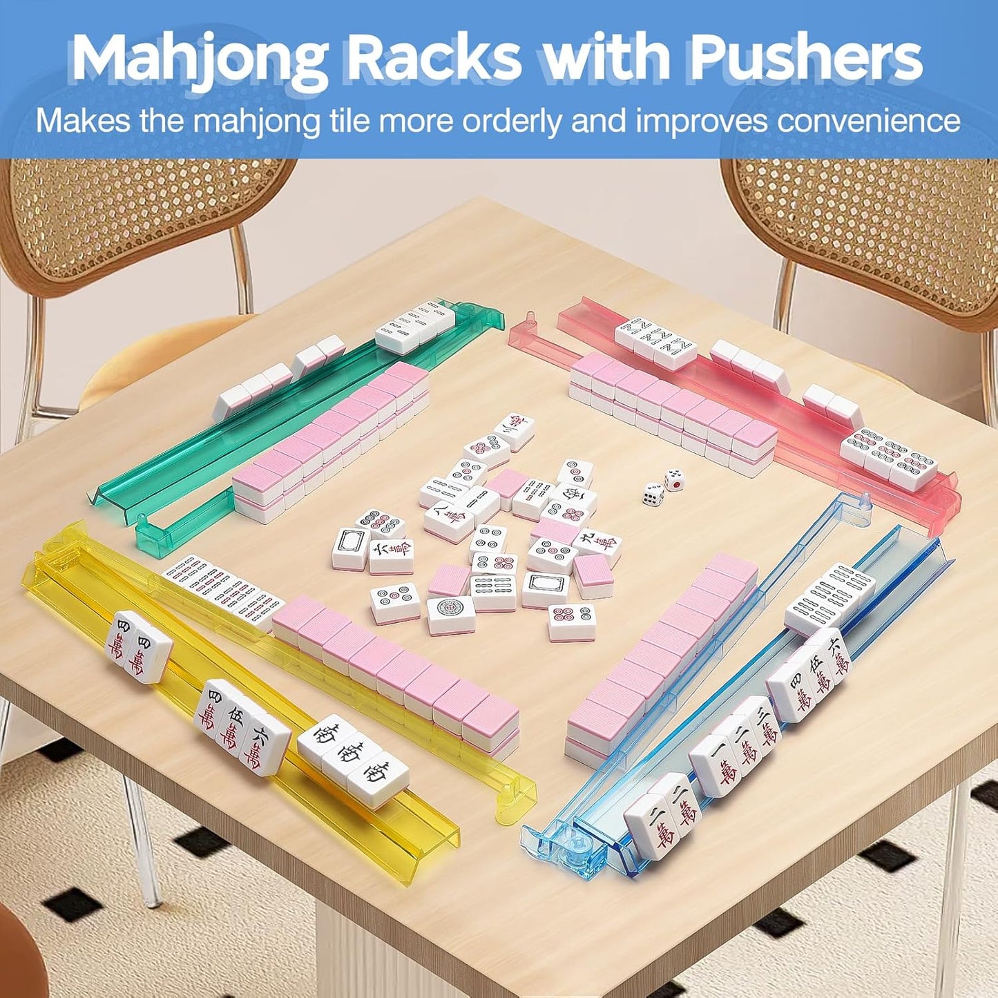 Mahjong Racks with Pushers Set of 4, Mahjong Tile Pushers and Racks, Acrylic Majiang Tile Holders Accessories (4 Colors)
