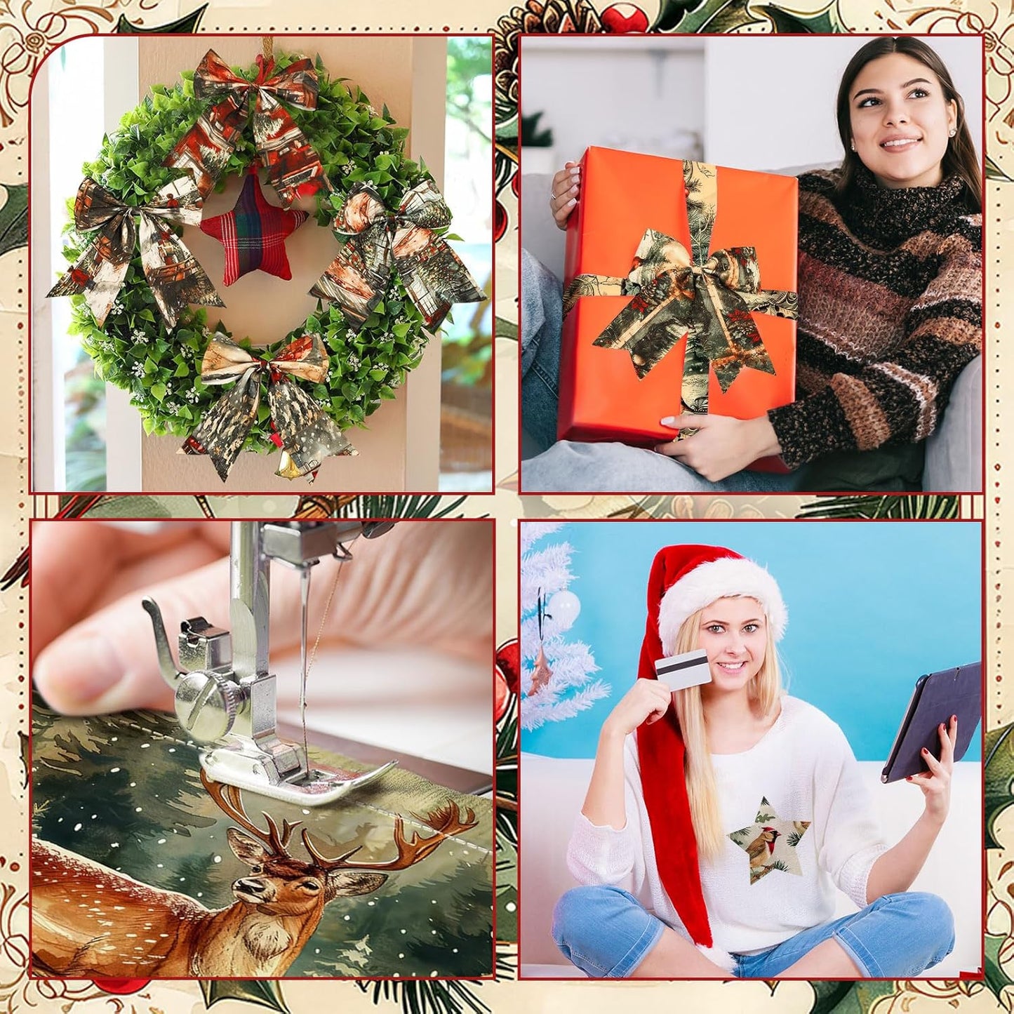 Ganeen 60 Pcs 10 x 10 Inch Vintage Christmas Quilting Fabric Squares Nutcracker Santa Claus Fabric Bundle Retro Reindeer Fat Patchwork Precut Stripe for Winter Xmas Handmade Material Sewing DIY Craft