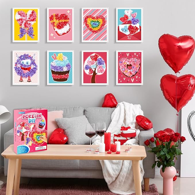 8PCS Poke-in Craft and Art Kit Heart Monster Dessert No-Mess Fabric Sewing Art Puzzle Puncture Painting Toy Gift Mom Valentine Creative Activity Game Birthday Party
