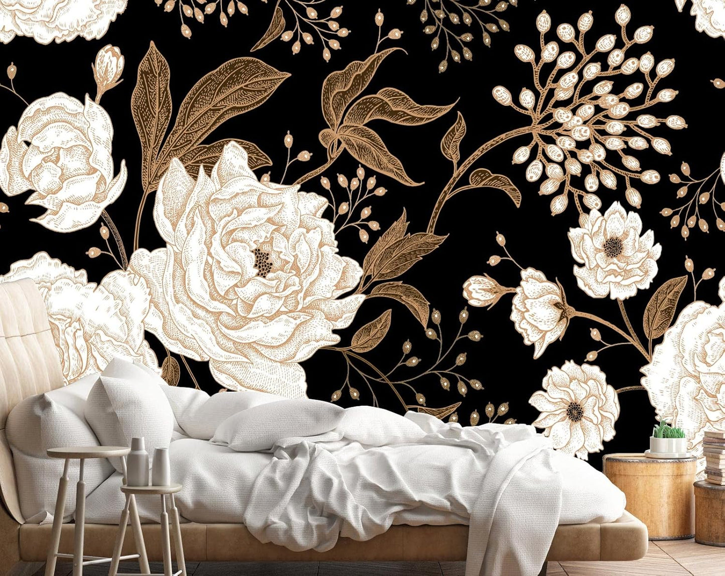 Wall Mural Peonies and Roses Floral Vintage Wallpaper Seamless Gold White Flowers Wall Coverings for Living Room Bedroom Kids Room(Not Peel and Stick)