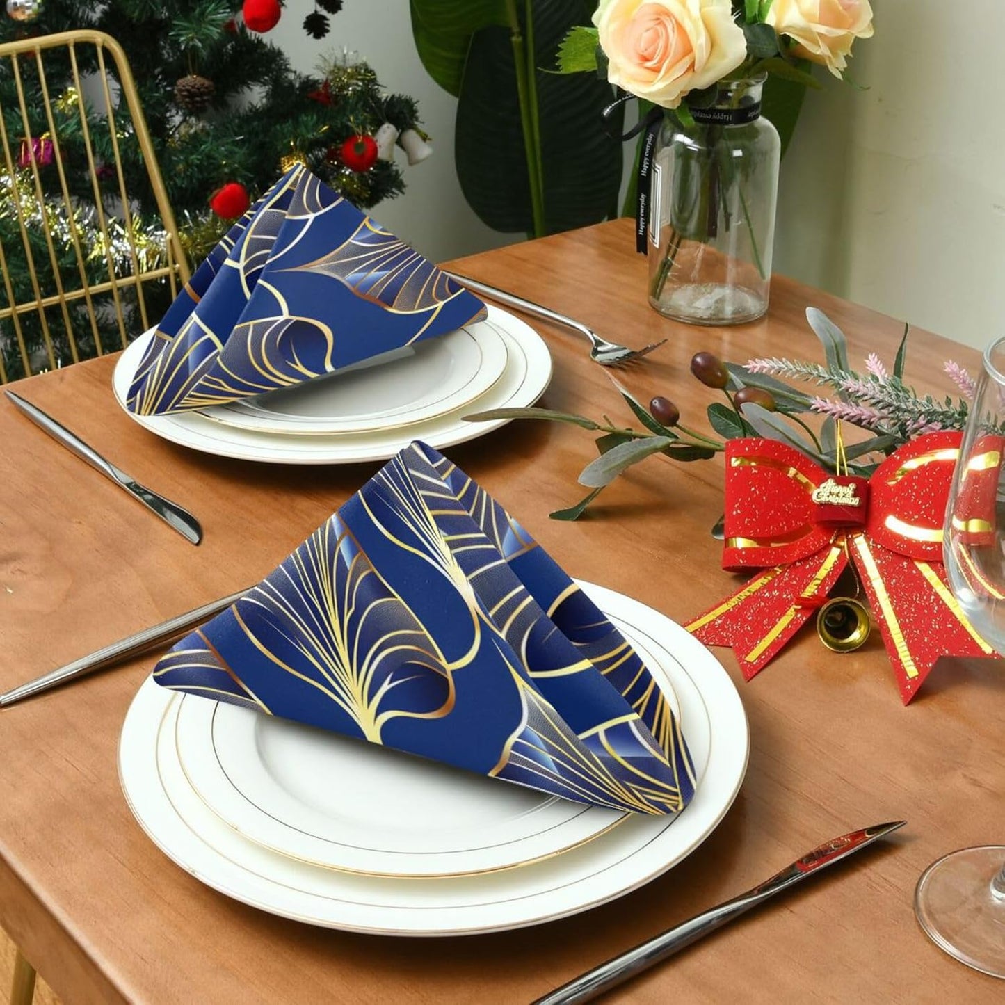 ALAZA Art Deco Floral Royal Blue & Gold Cloth Napkins Set of 1, 20x20 Inch Washable and Reusable Napkin for Decoupage Dinner Party Everyday Use