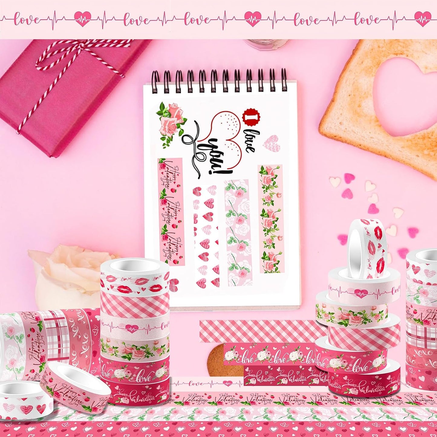 12 Rolls Pink Heart Washi Tape Set, Valentine's Day Love Heart Masking Tape Decorative Paper Tape for DIY Craft Wrapping Scrapbook Envelope Wedding Party,16.4FT
