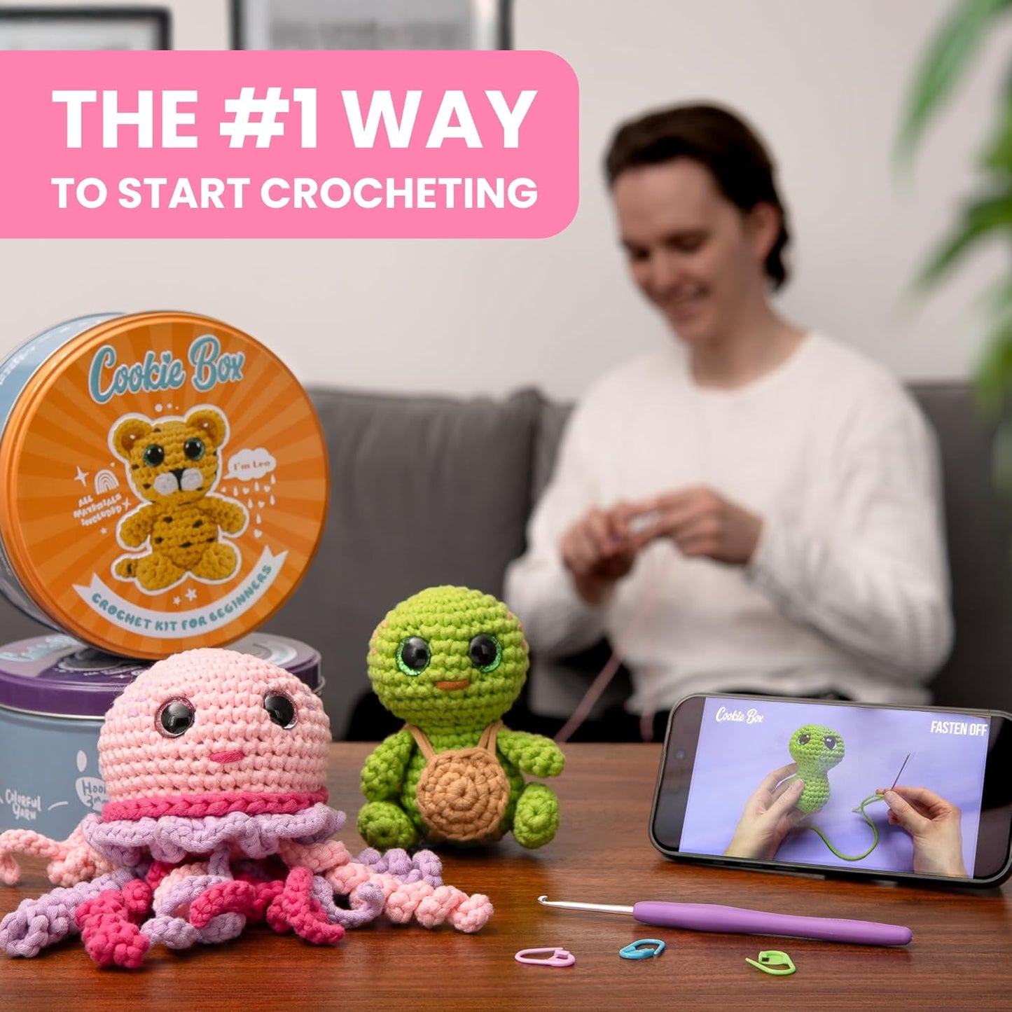 Cookie Box Crochet Kit for Beginners β Gift Set to Make Bunny Lola Amigurumi Plushie β Easy DIY Crochet & Knitting Starter Kit with Video and PDF Tutorials
