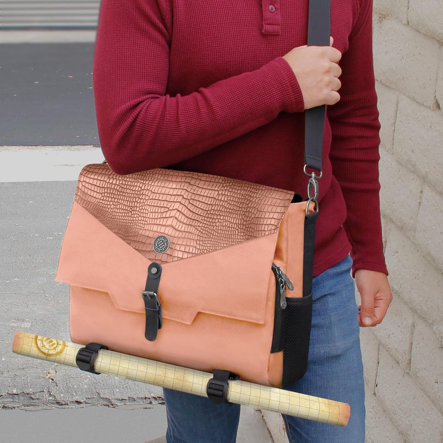 ENHANCE Collector's Edition RPG Player's Essentials DND Bag - Dragon Hide Exterior Messenger Bag Fits 2-4 Books, Binders, Dice & Accessories, with 17 inch Laptop Slot, Battlemap Straps (Dragon Pink)