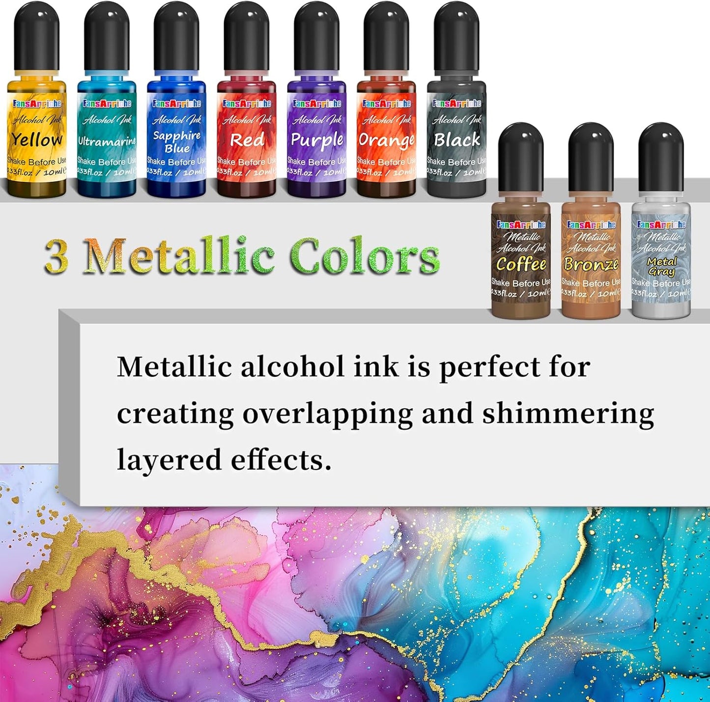 FansArriche Alcohol Inks for Resin, 16 Colors High Concentrated Alcohol Ink Set for Epoxy Resin, Alcohol-Based Resin Ink for Coasters, Fluid Painting Crafts, Tumbler Making, 10 ml Each