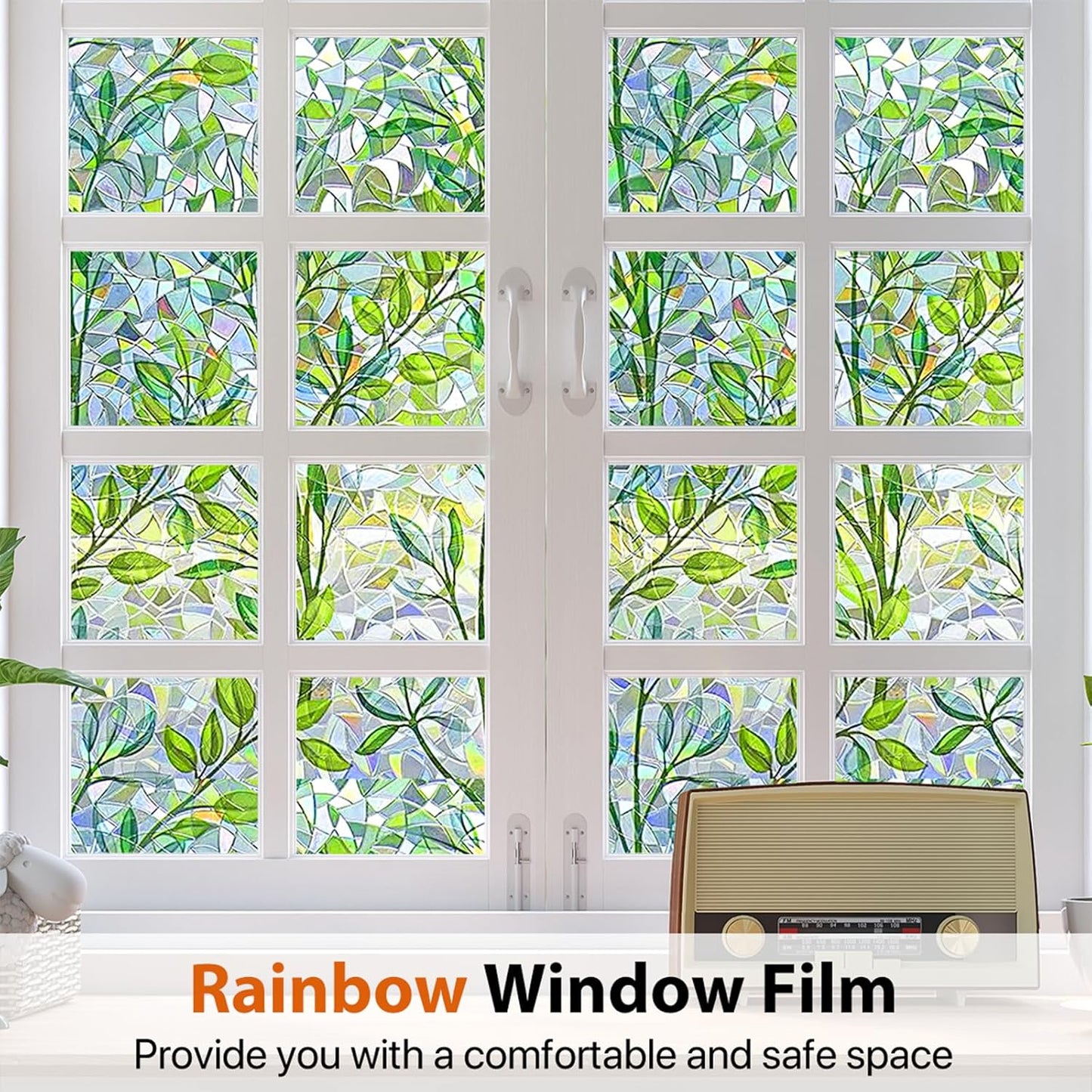 Niviy Window Privacy Film Stained Glass Window Film with Installation Tools, Rainbow Windows Decorative Decals Non-Adhesive Reusable for Home, Bathroom, Glass Door (Leaf Rainbow, 17.5 x 118 in)