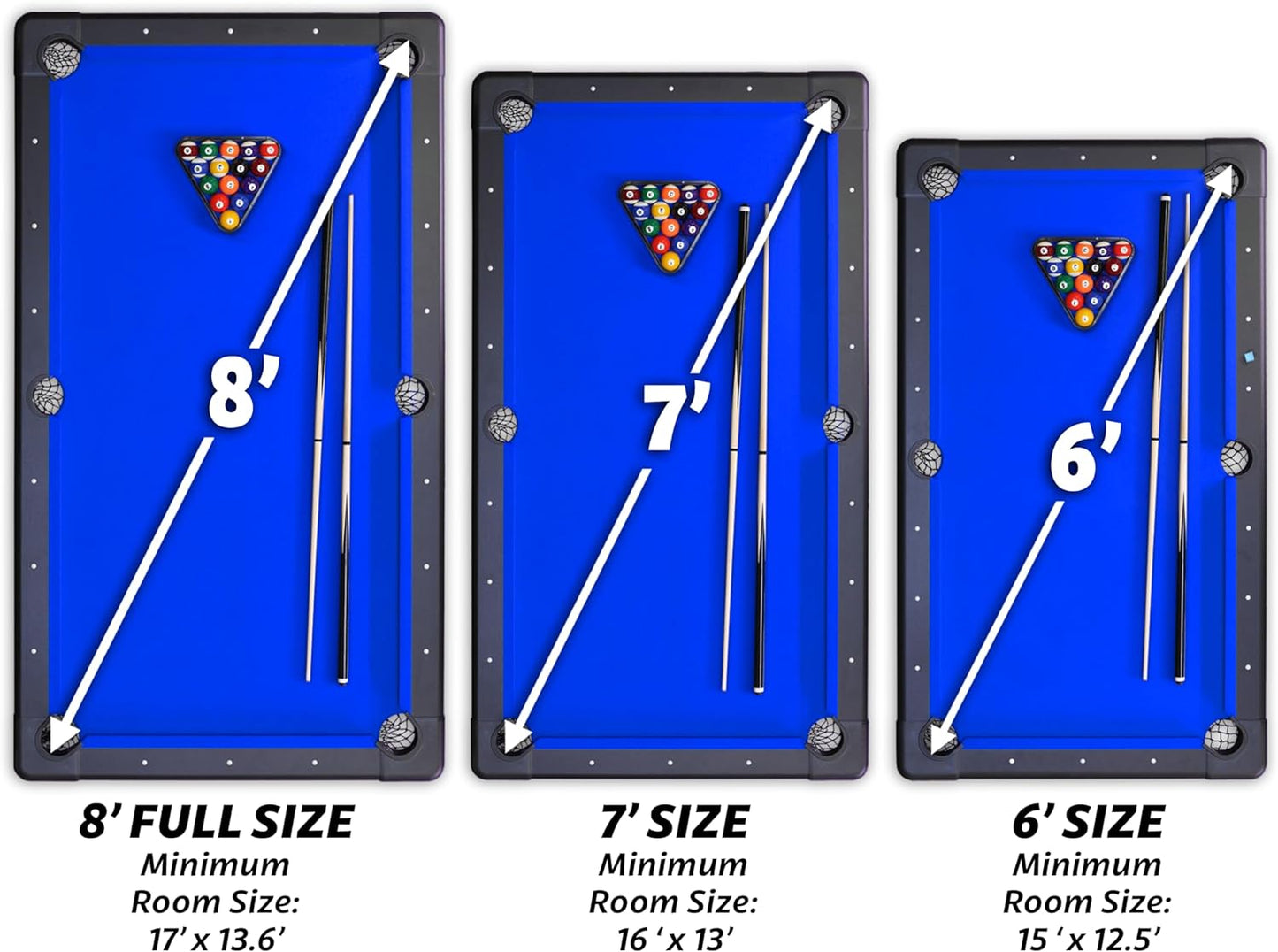 GoSports 6, 7, or 8 ft Billiards Tables - No Assembly, Choose Your Color - Portable Pool Table Includes Full Set of Balls, 2 Cue Sticks, Chalk and Felt Brush