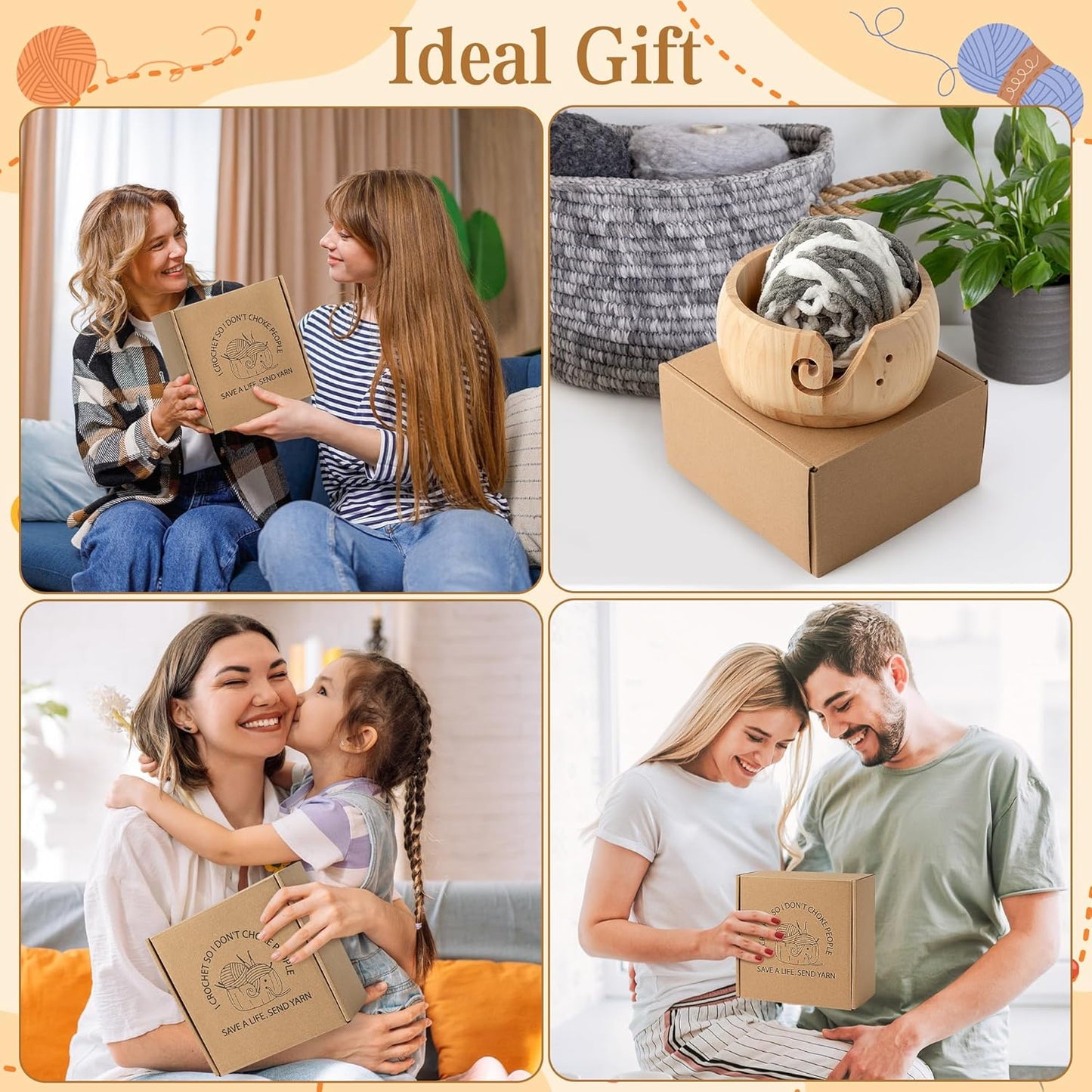 WATINC Wooden Yarn Bowl Holder Set - Large Crochet Yarn Storage Bowls with 9pcs Metal Knitting Hooks, Adjustable Loop Ring Stitch Markers with Box Crochet Gifts for Knitters Crocheters (Natural)