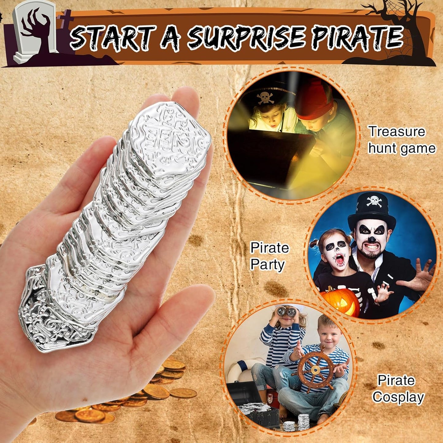 Hanaive 100 Pcs Pirate Coins Plastic Kids Fake Play Coins Replica Spanish Doubloons for Pirate Party Treasure Chest Board Games Tokens Toys Cosplay St. Patrick's(Silver)