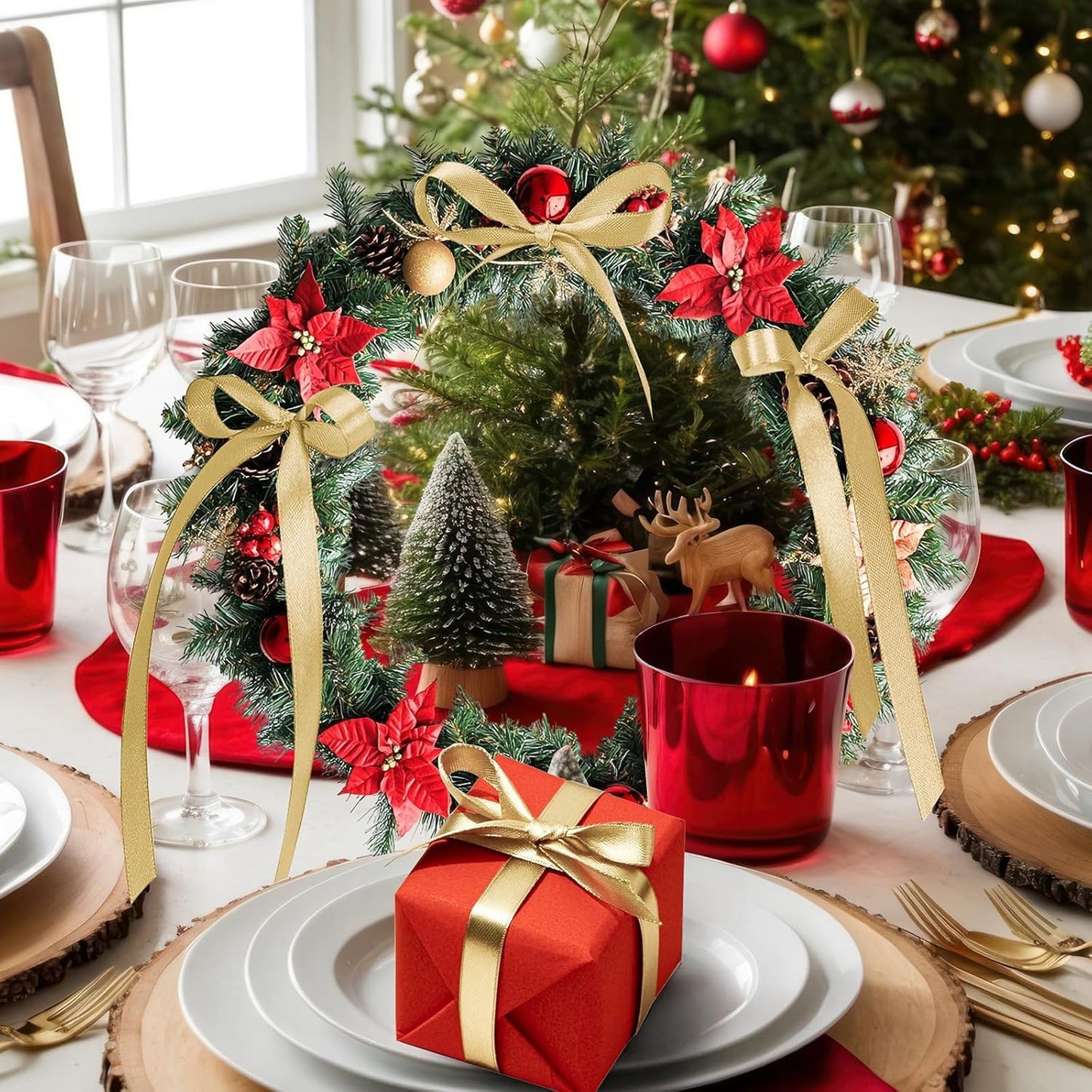 Gold Ribbon 3/8 Inch 120 Yards Thin Craft Christmas Satin Ribbon for Gift Wrapping Sewing Trim Cake Hair Bows Crafts Christmas Decorations