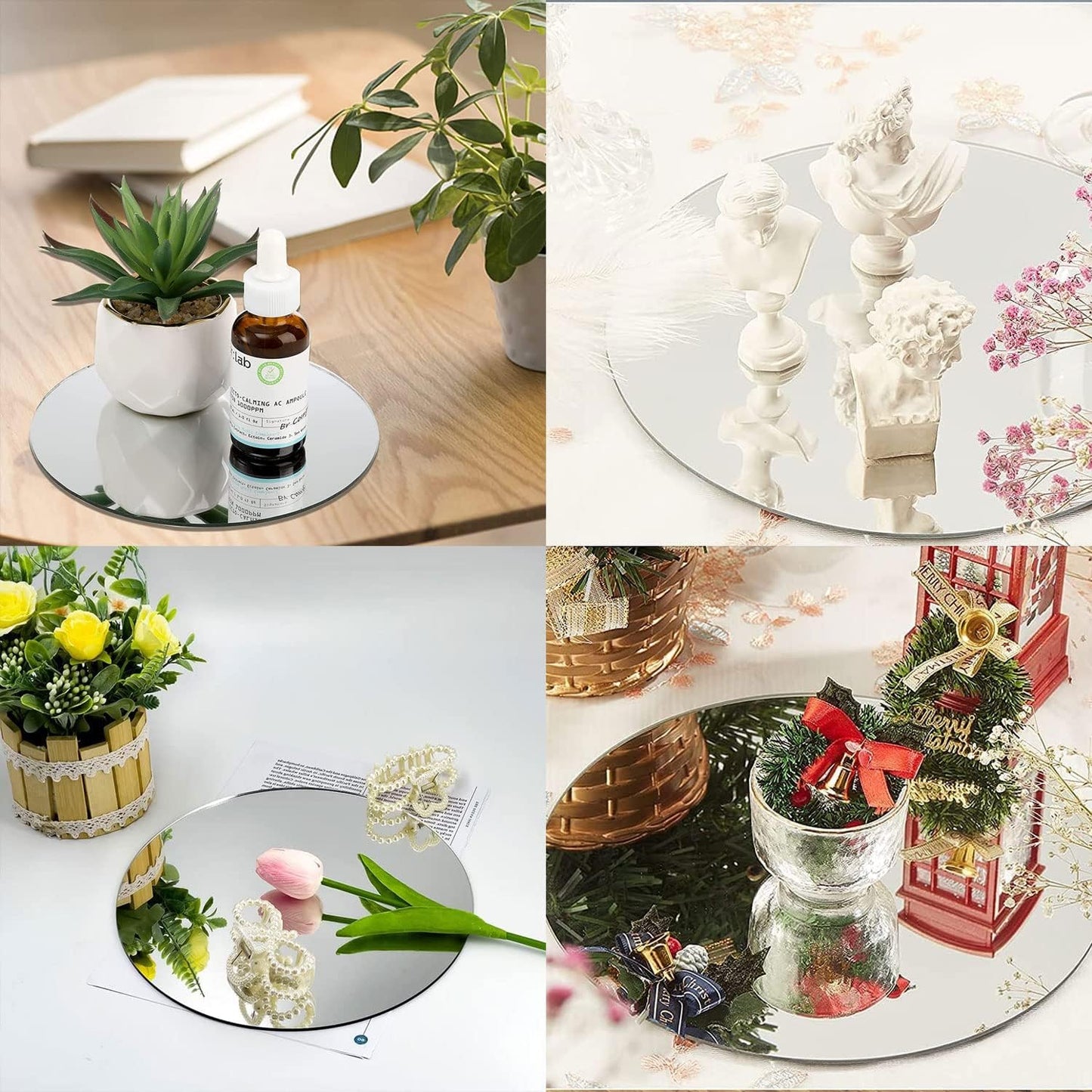 DARENYI 4Pcs Glass Round Mirror Tile, 6 Inch Self Adhesive Sticker, Small Circle Sheet for DIY Crafts, Plates Trays for Wedding Table Centerpieces Walls Decor