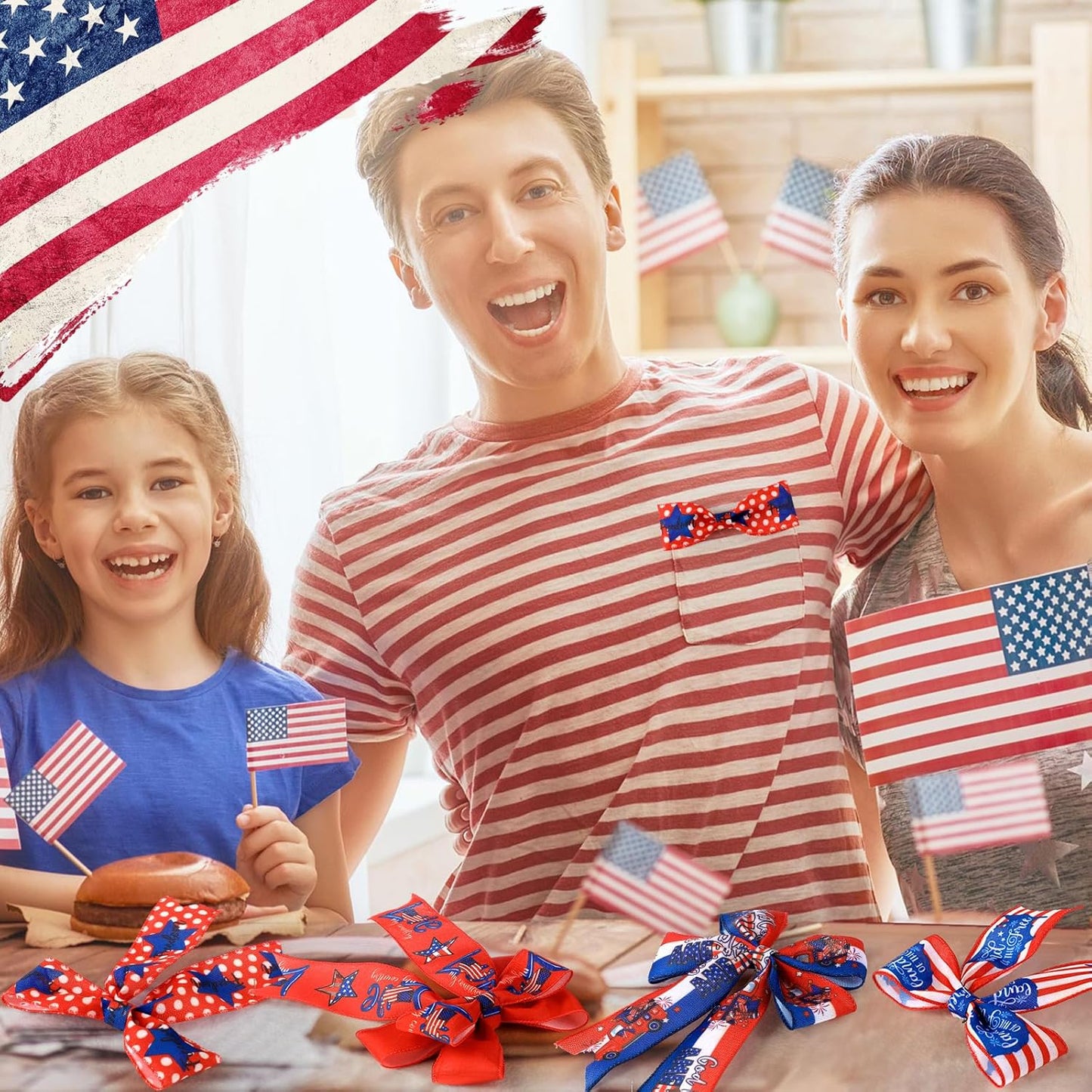 12 Rolls 60 Yards 4th of July Patriotic Ribbon Stars and Stripes Burlap Wired Edge Ribbon White Blue Red Decorative Crafts for Independence Day Memorial Day Gift Wrapping DIY Bow Craft