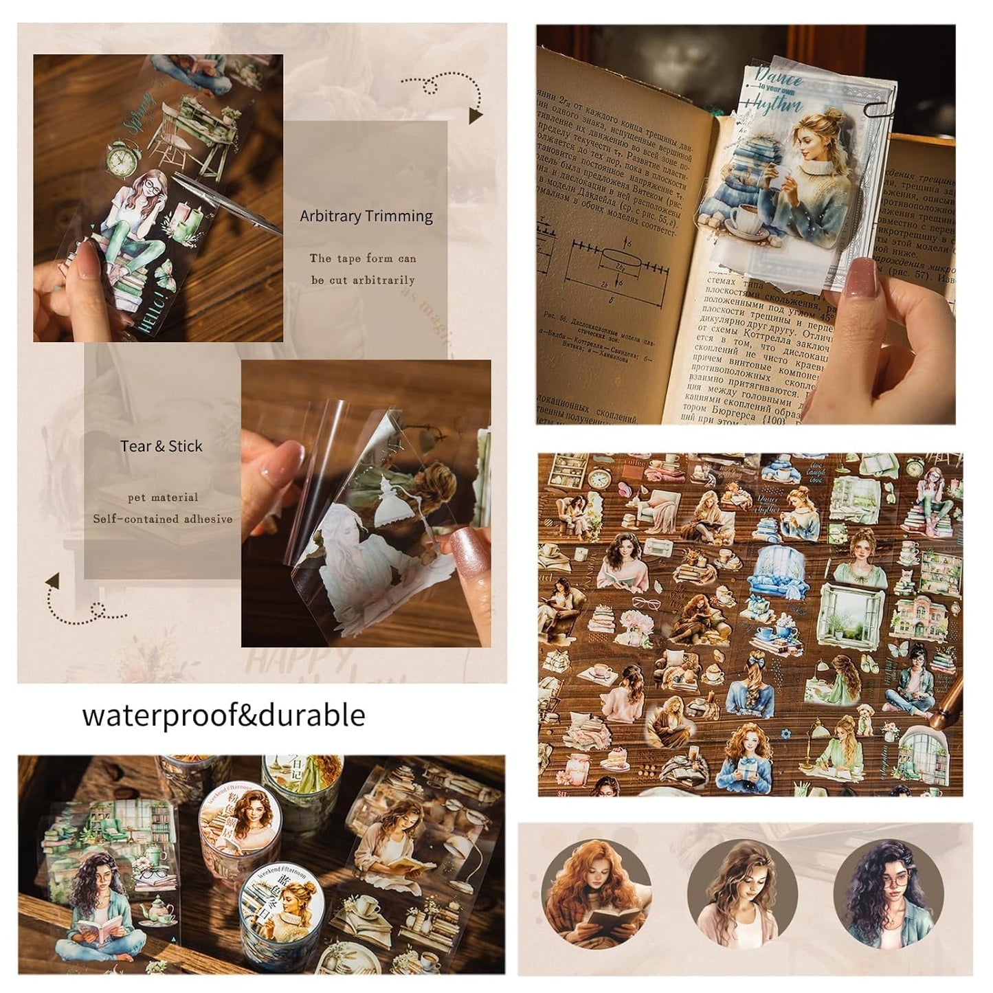 6 Rolls PET Tape Set for Junk Journal,Reading Theme Scrapbook Tape Stickers for Journaling Supplies,Scrapbook Supplies,Album,DIY Craft(Reading)