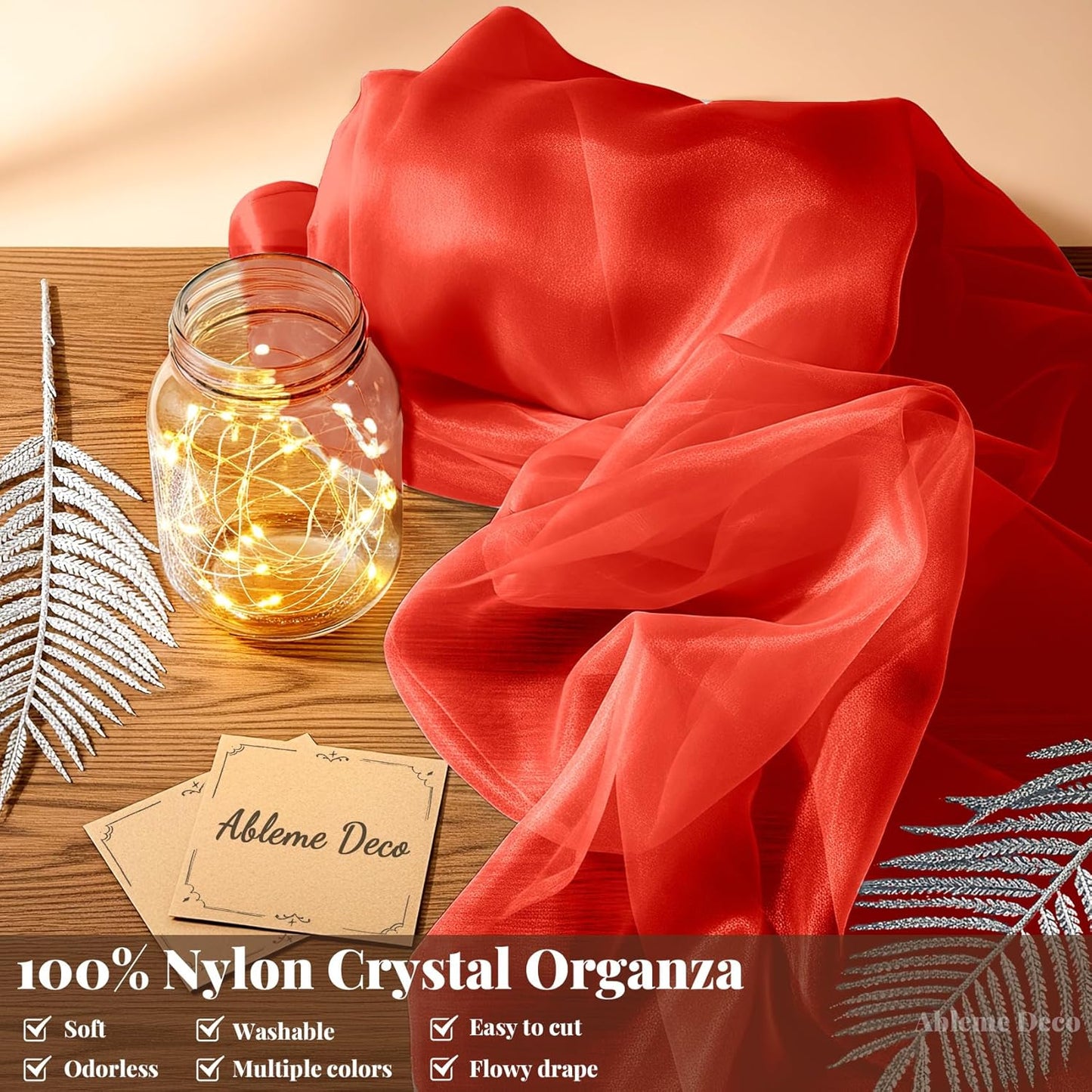 Sheer Fabric 60" x 1 Yards (3 ft) Organza Fabric by The Yard for DIY Wedding Decorations Craft Projects Party Backdrops Bows (Red)