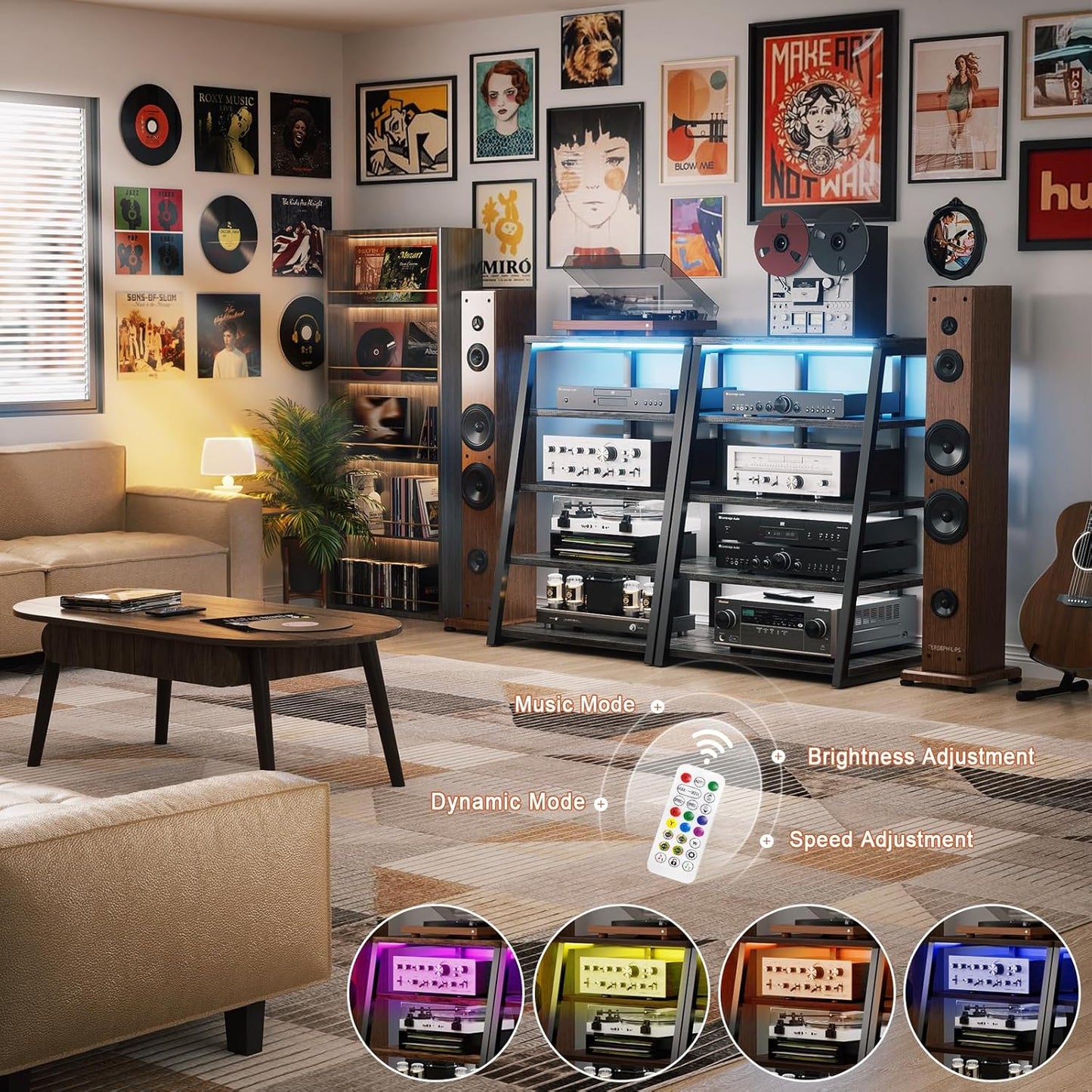 Armocity 5-Tier AV Media Stand with Power Strips, Media Console with LED Lights, Audio Tower Rack with Adjustable Shelves, Stereo Stands and Racks, 40.8'', Grey Oak