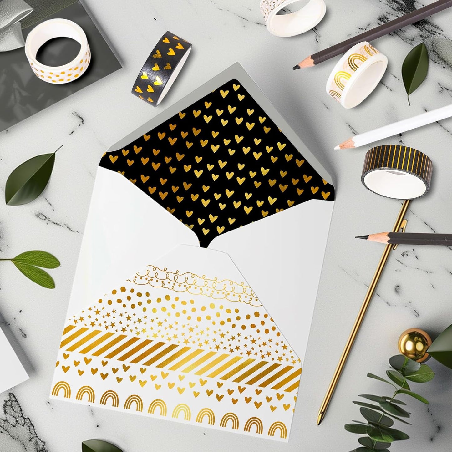 Whaline 12 Rolls Gold Foil Pattern Washi Tape Heart Dot Stripe Rainbow Masking Tape Set Decorative Wrapping Paper Tapes for Scrapbook Journal DIY Art Crafts