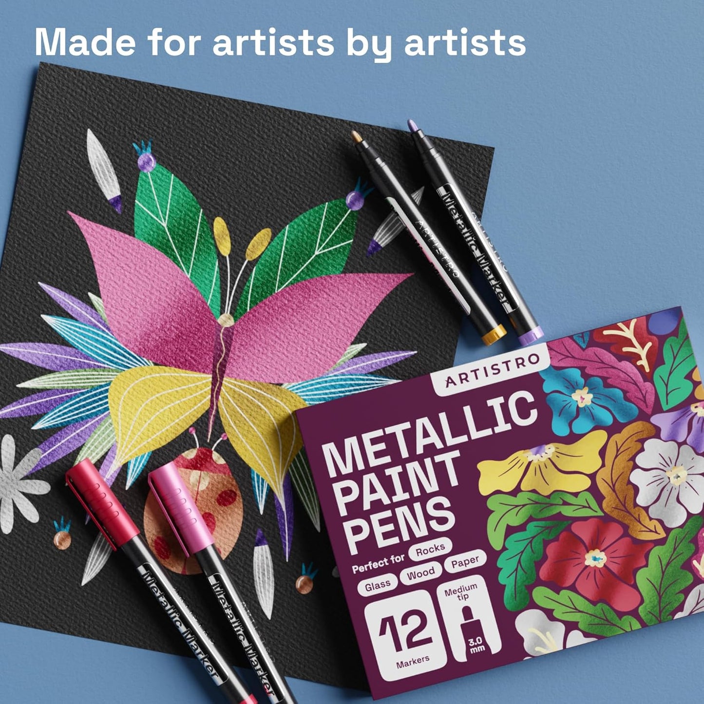 ARTISTRO 12 Metallic Markers, Medium Point Metallic Marker Pens for Wine Glasses, Rock Painting, Black Paper, Scrapbooking Crafts, Card Making, DIY Photo Album, Ceramic