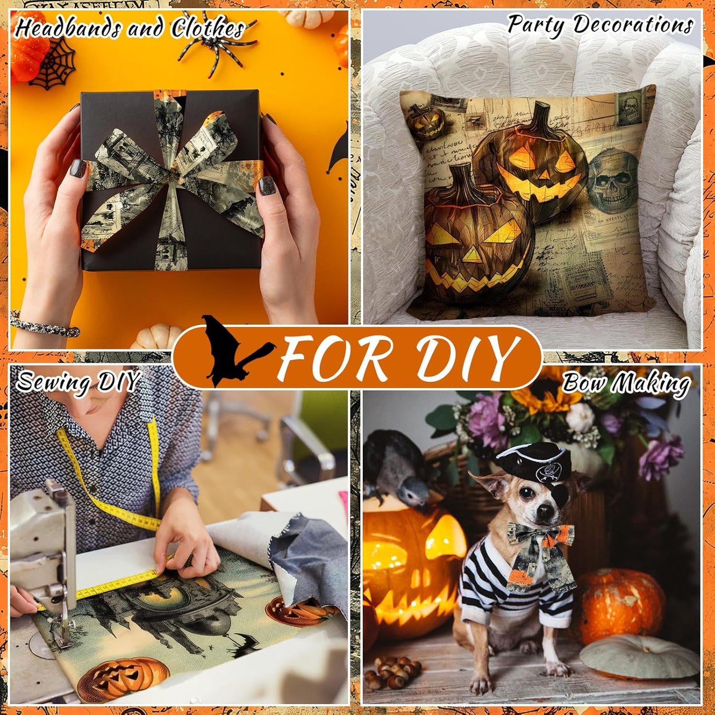 Ganeen 60 Pcs 10 x 10 Inch Vintage Halloween Quilting Fabric Squares Spooky Gothic Fabric Bundle Pumpkin Skull Black Cat Fat Patchwork Precut Stripe for Holiday Handmade Material Sewing DIY Craft