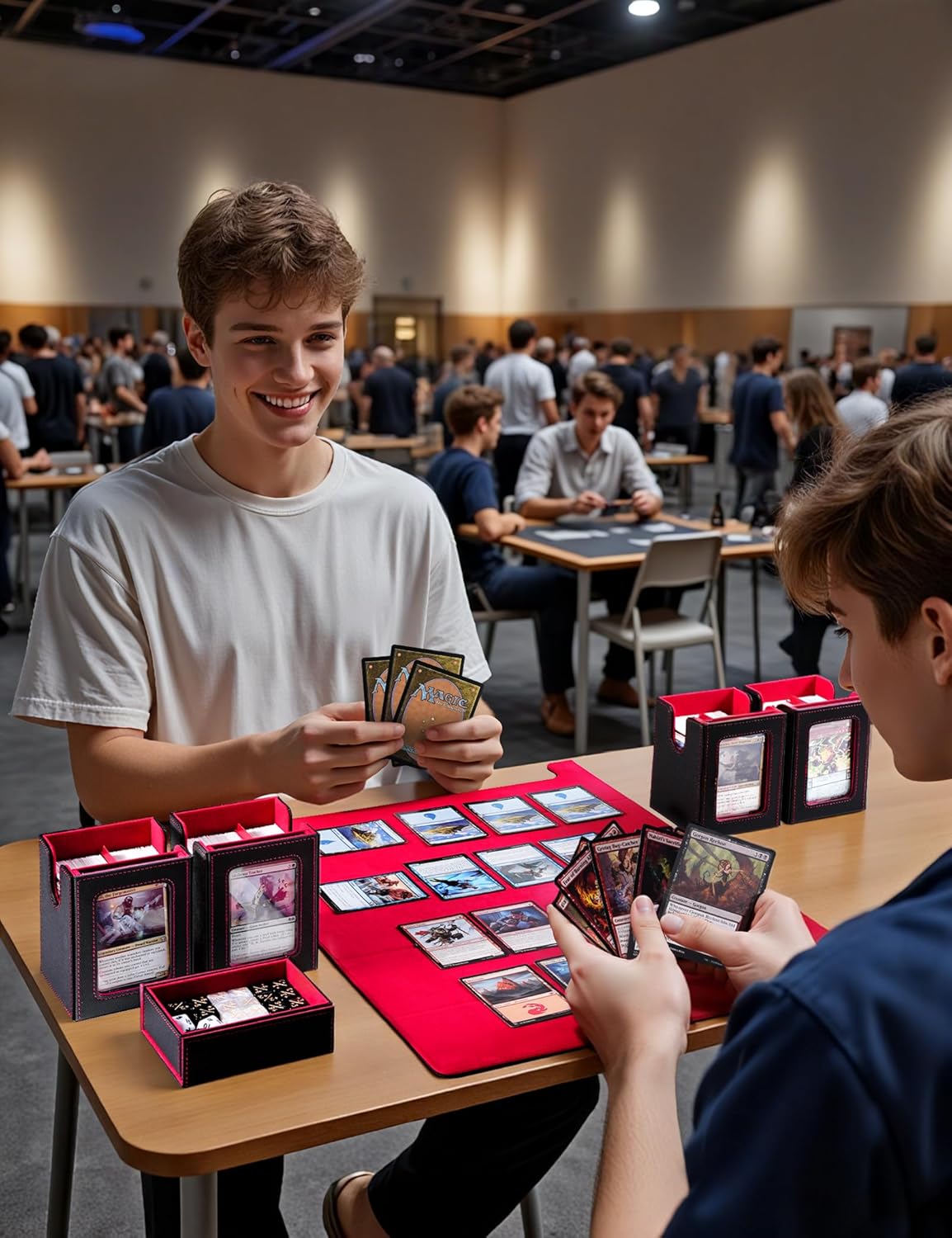 Card Deck Box for MTG with Commander Display, 5 in 1 Card Deck Case Holds 800+ Unsleeved Cards, Strong Magnet Organizer Compatible with Yugioh TCG Sports Cards (Black&Red)