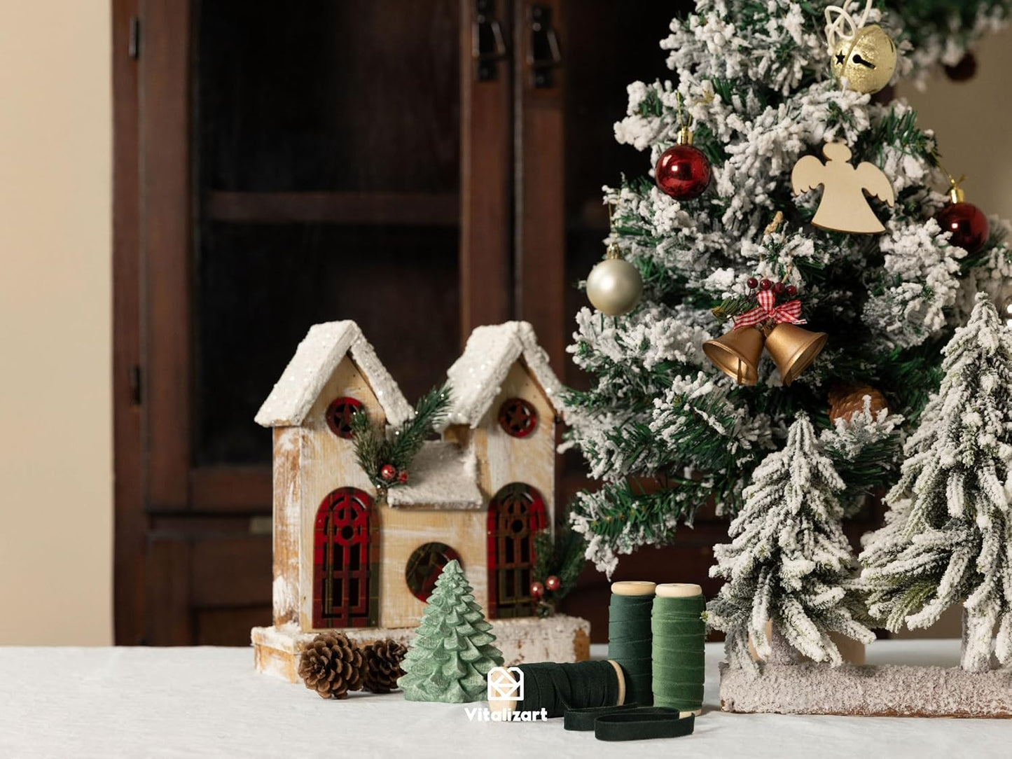 Vitalizart Green Velvet Ribbon 3/8" x 15 Yd Fabric Trim 3 Rolls * 5 Yd for Christmas Wreath Decoration Handmade Craft Ornaments Gift Wrapping & Bow Making Dark Forest