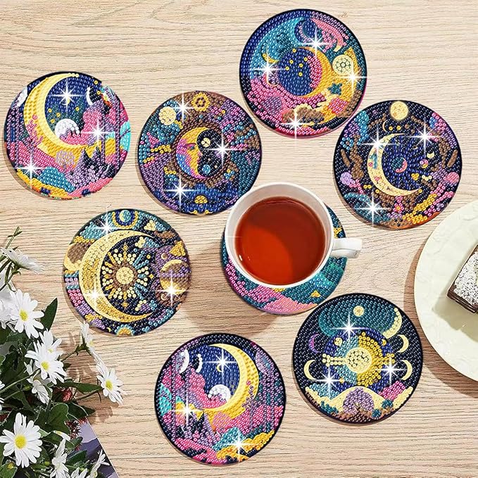 Diamond Painting Coasters Kits for Adults, Moon Diamond Coaster Art Kits for Beginners, Adults Stress-reducing Handicrafts Coasters with Holder Gem Art Kits Paint by Diamond 8 PCS(Moon)