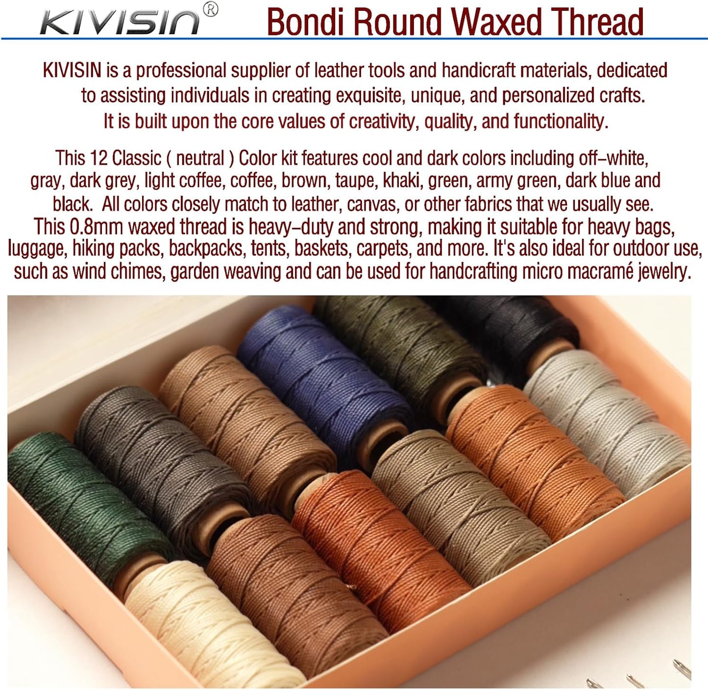 12 Classic Colors Round Waxed Thread, 0.8mm 35Yards Spool Polyester Wax Coated Cord Heavy Duty String for Leather Sewing, Stitching, Bookbinding, Upholstery Repairing and Micro Braiding